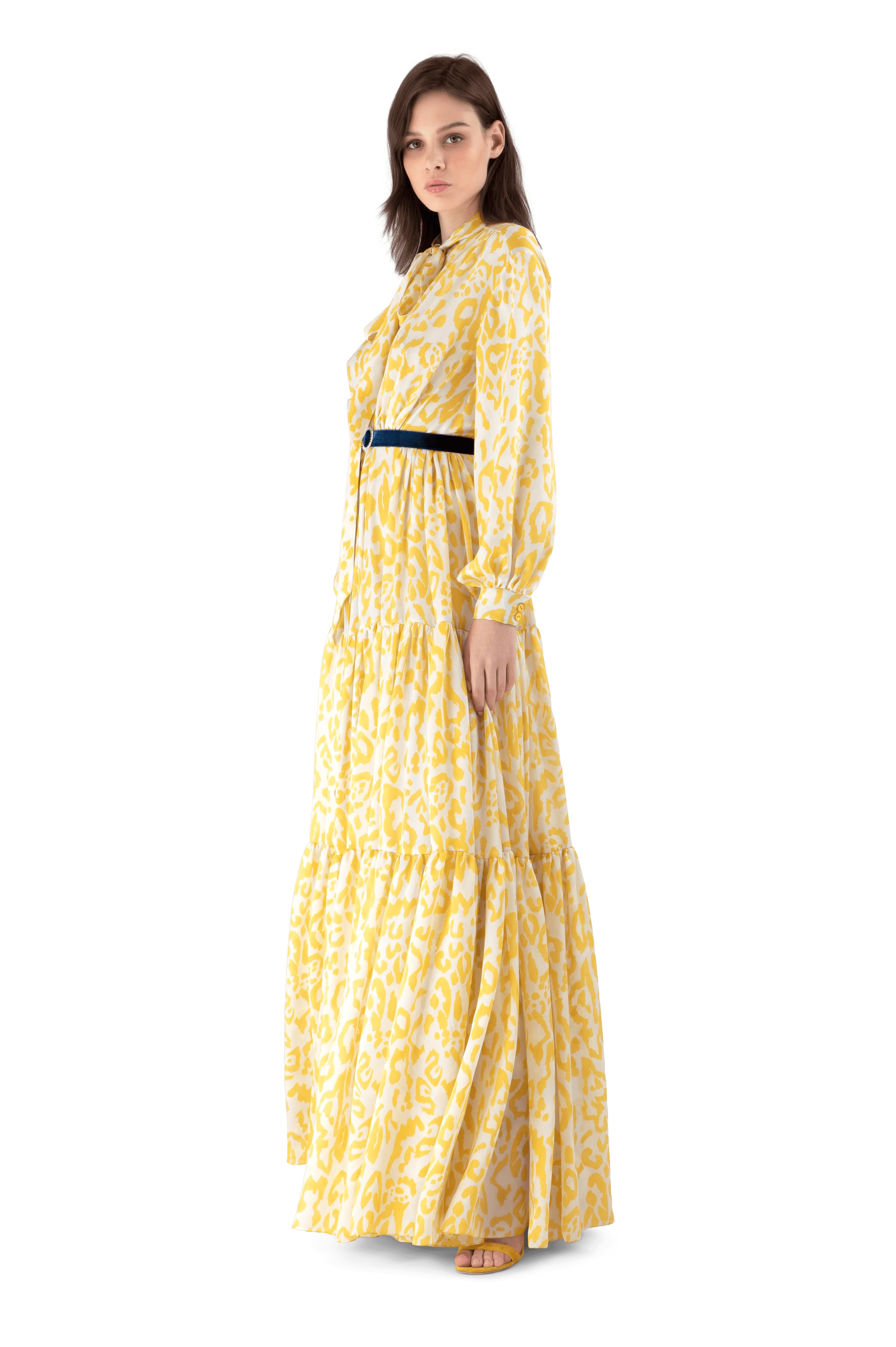 Mustard Leopard Print Charmeuse Tiered Maxi Dress