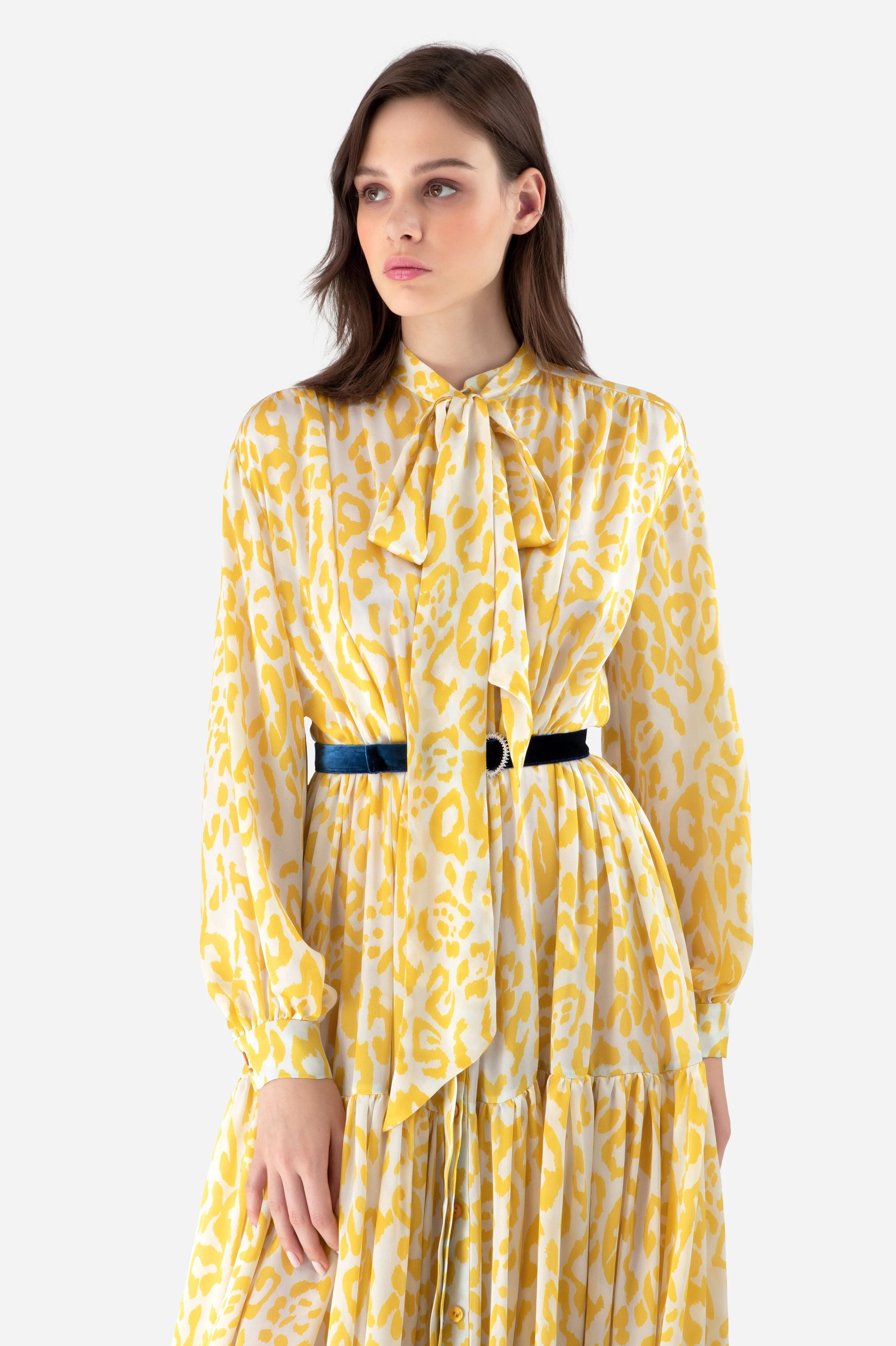 Mustard Leopard Print Charmeuse Tiered Maxi Dress