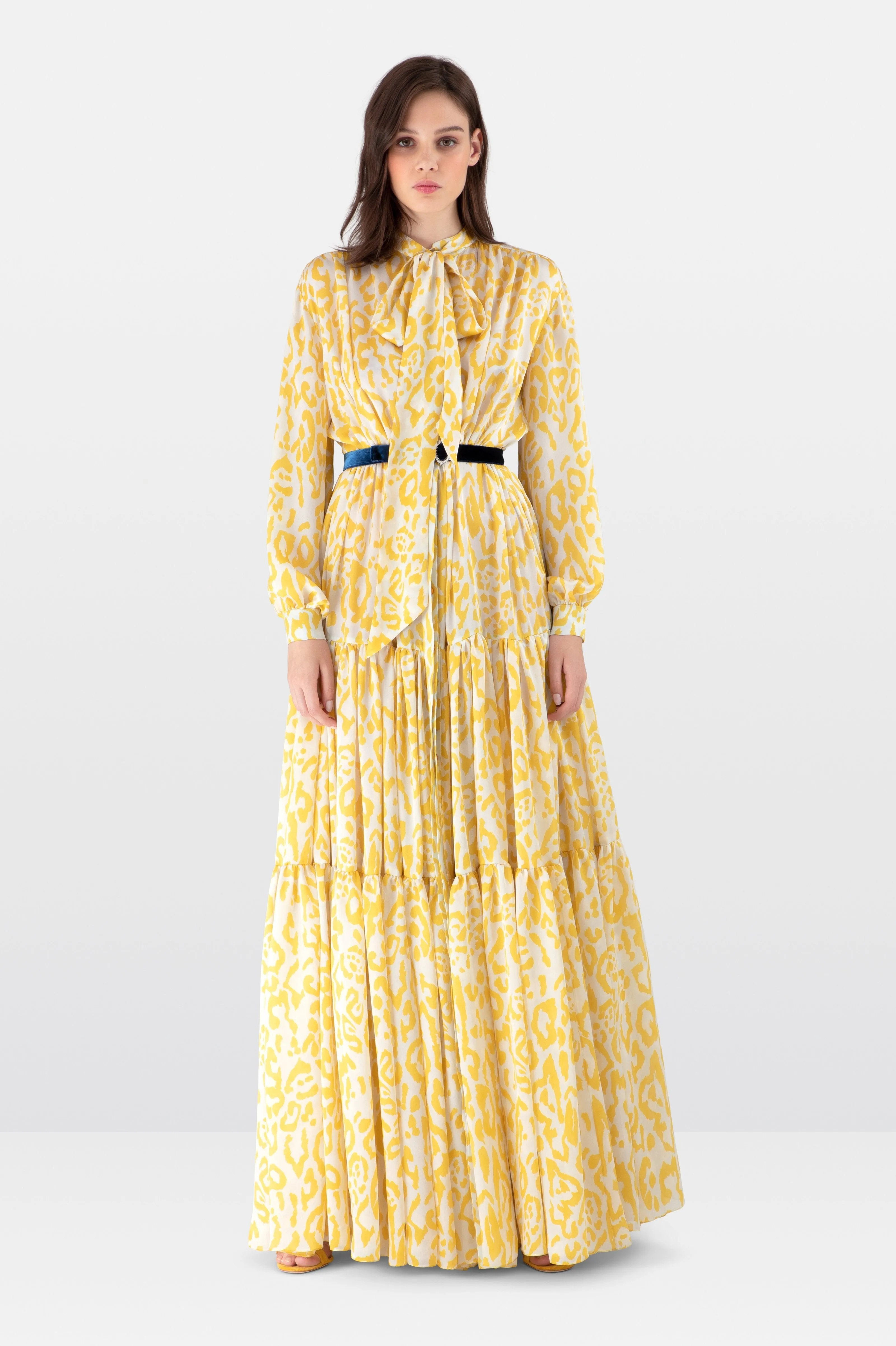 Mustard Leopard Print Charmeuse Tiered Maxi Dress
