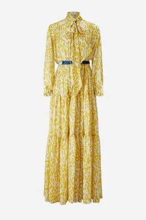 Mustard Leopard Print Charmeuse Tiered Maxi Dress