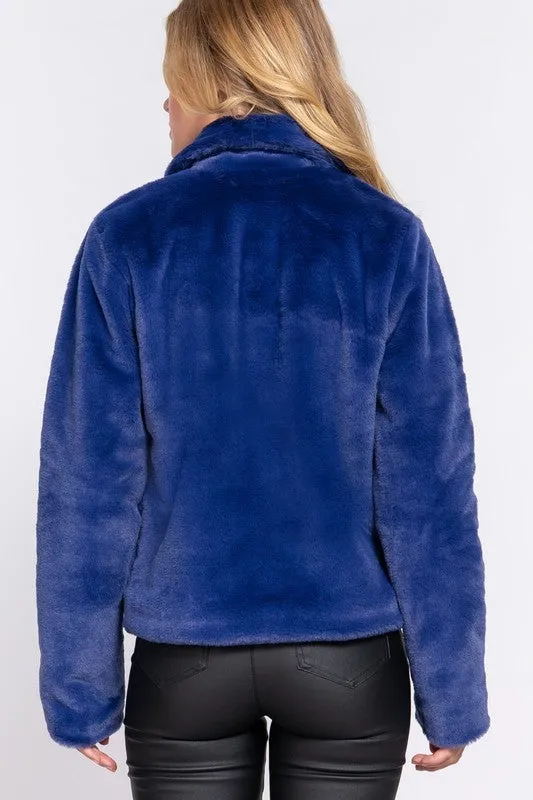 Navy Long Slv Notched Collar Open Front Faux Fur Jacket