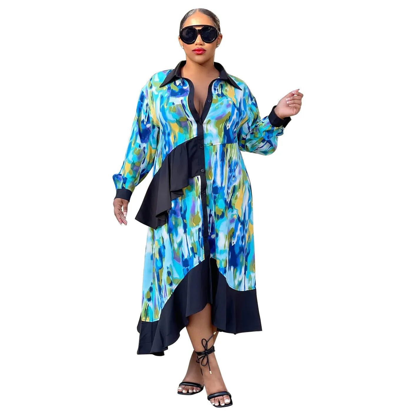 On-Trend Collared V-Neck Ruffle Irregular Asymmetric Dresses