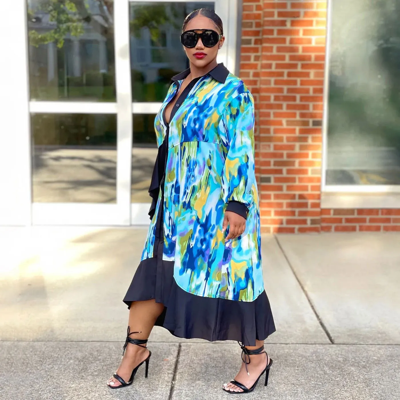 On-Trend Collared V-Neck Ruffle Irregular Asymmetric Dresses