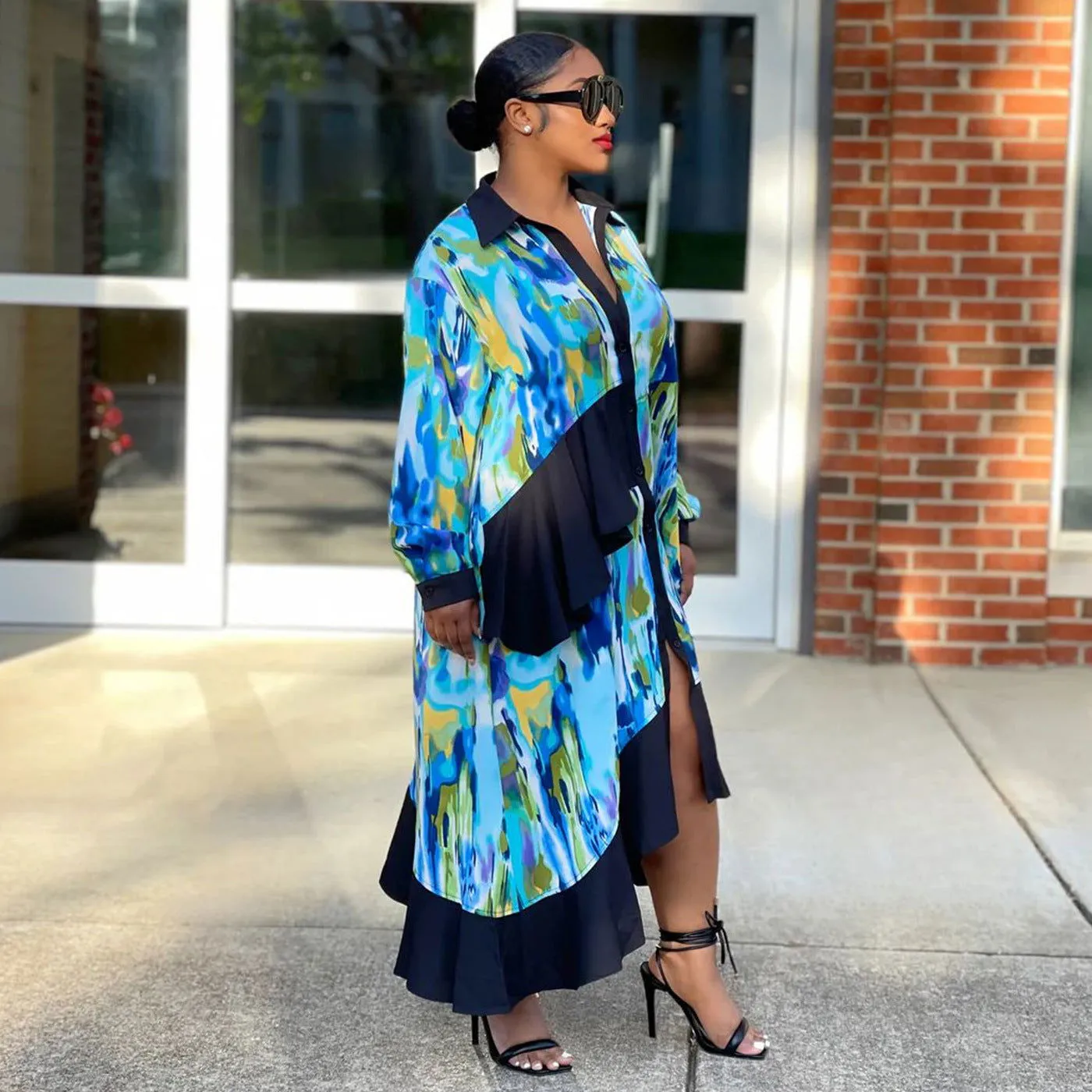 On-Trend Collared V-Neck Ruffle Irregular Asymmetric Dresses
