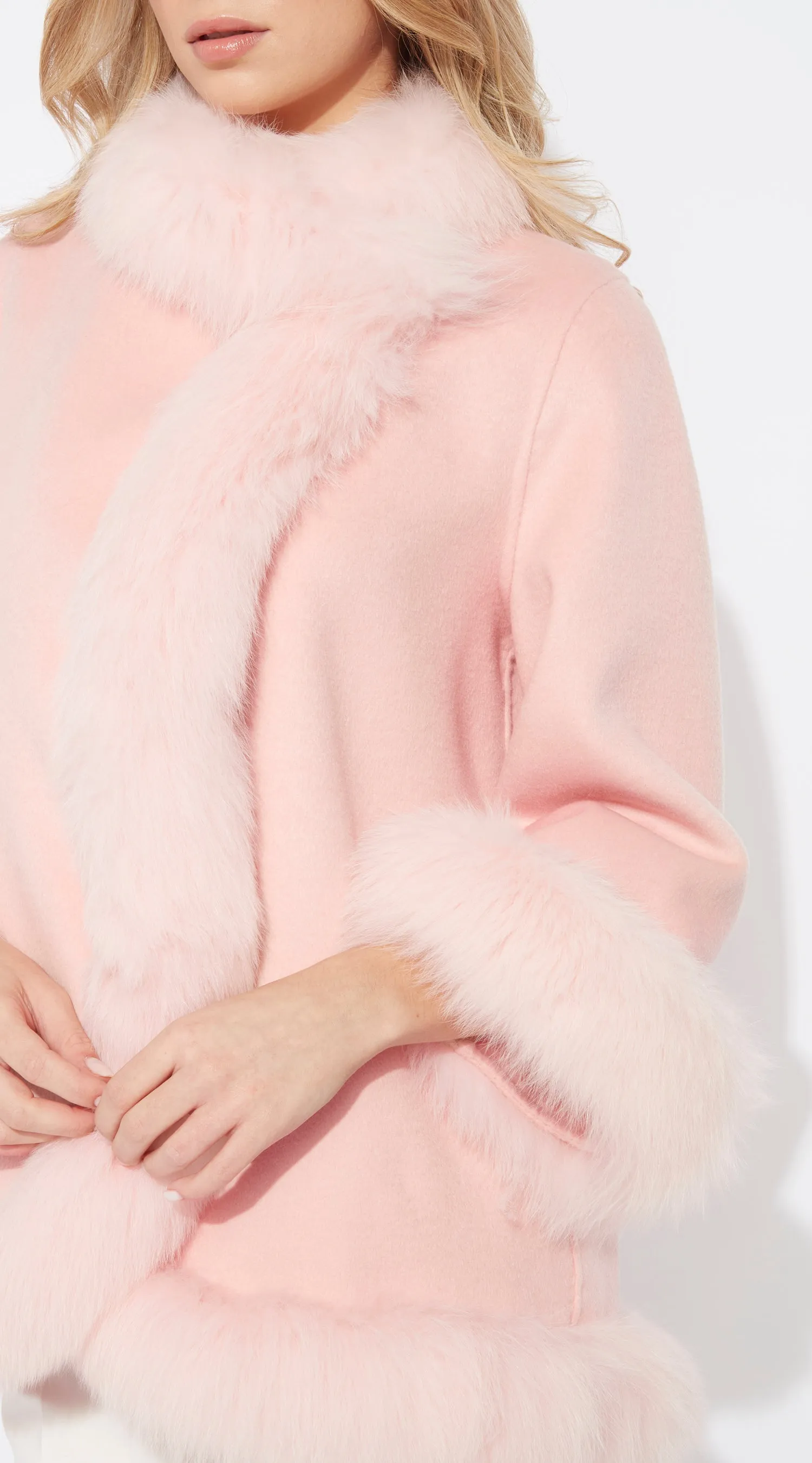 OUTLET Luxy Cashmere & Fox Fur Wrap Coat - Pink