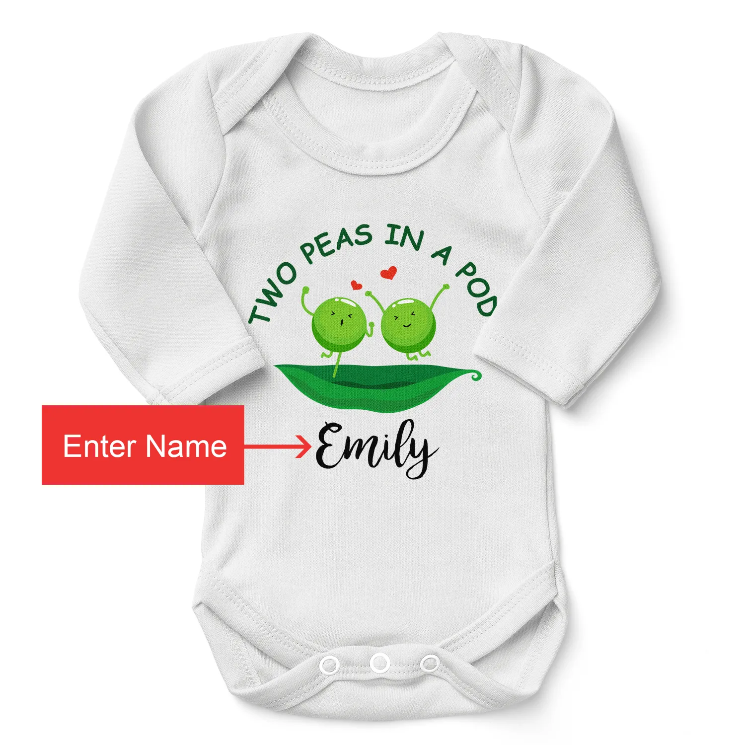 Personalized Organic Baby Bodysuit Set - Two Peas in a Pod (White & White)