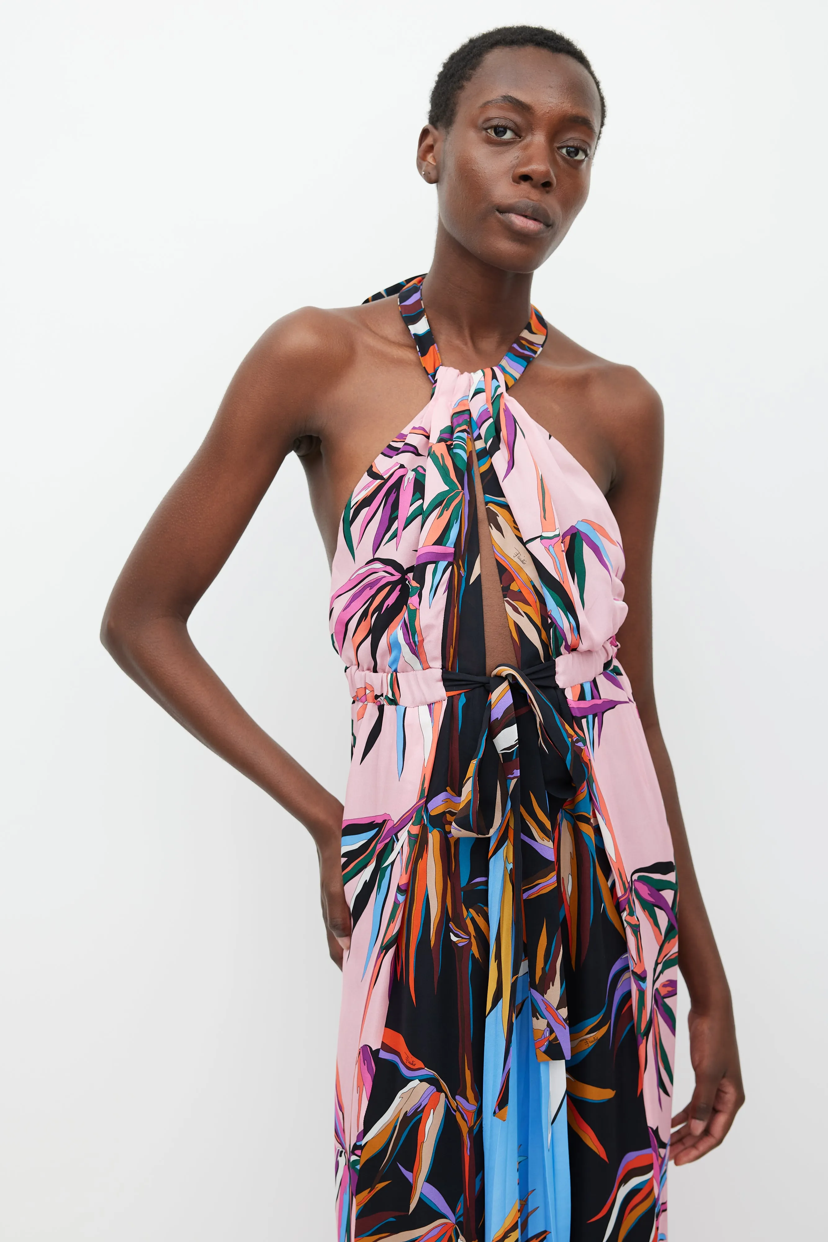 Pink & Multicolour Silk Printed Halter Dress