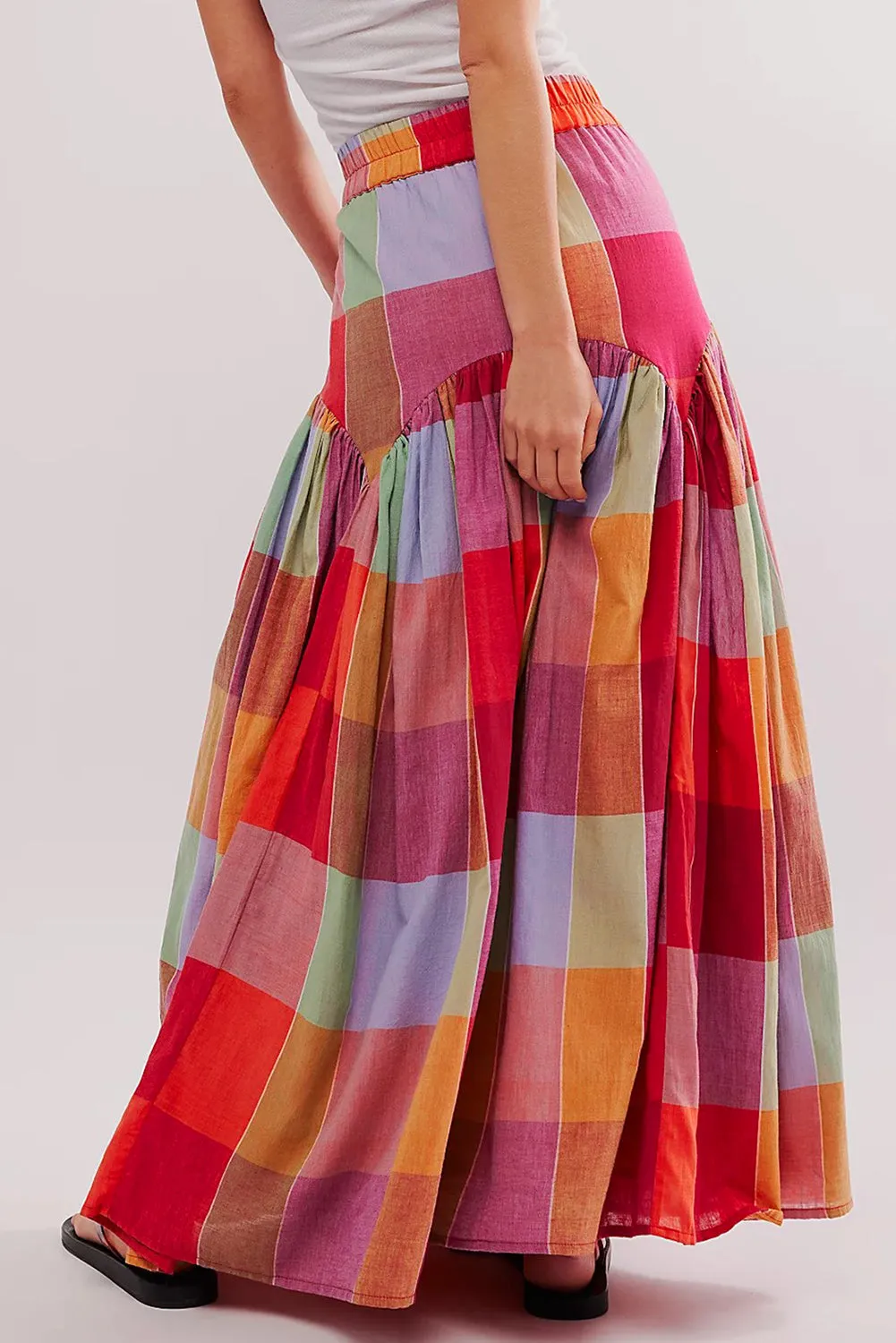 Plaid Ruched High Waist Maxi Skirt