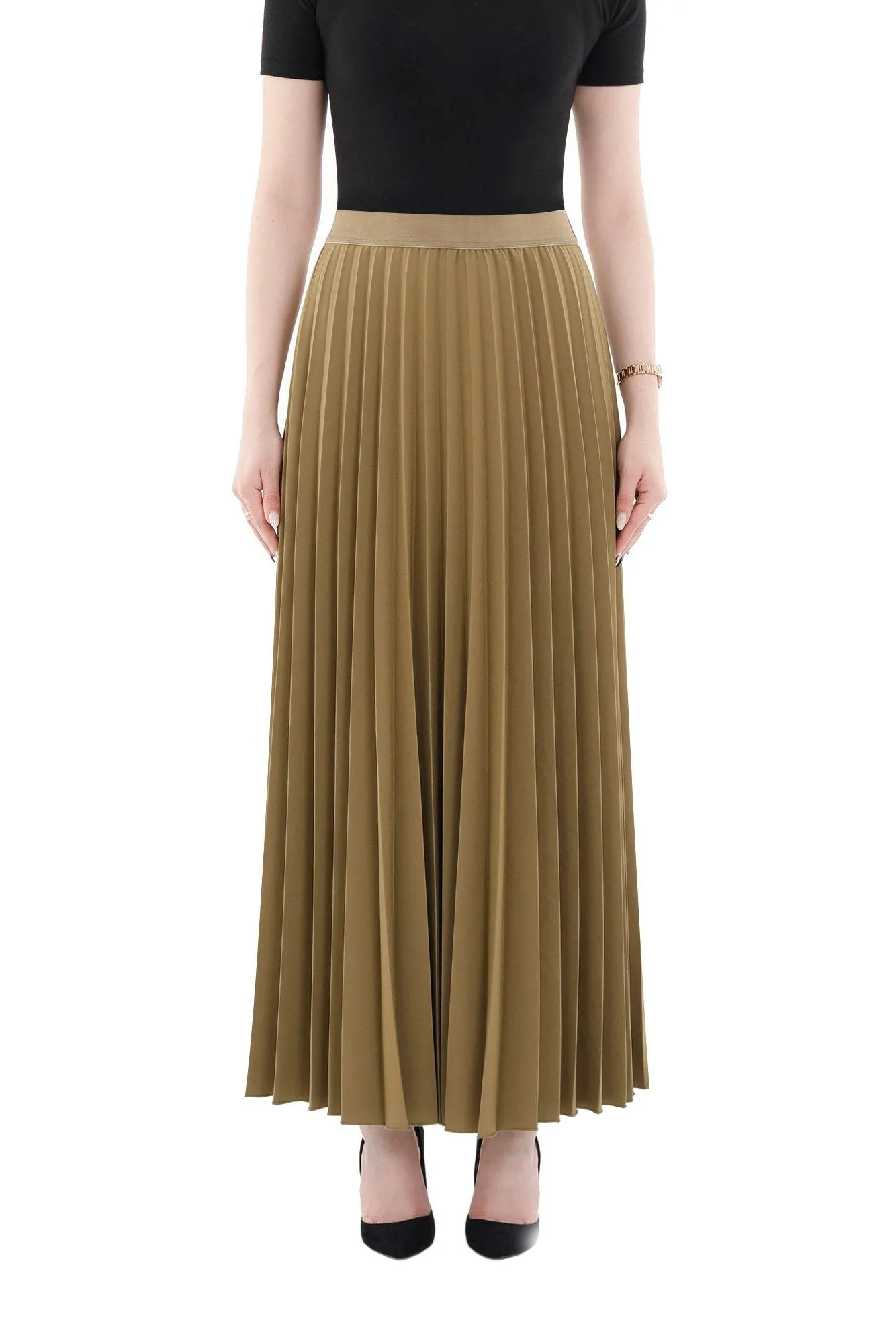 Pleated Maxi Skirt Elastic Waist Band Ankle Length Plisse Skirt