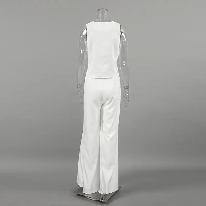 Pre Order:  High-End White V-Neck Vest   Trousers Set