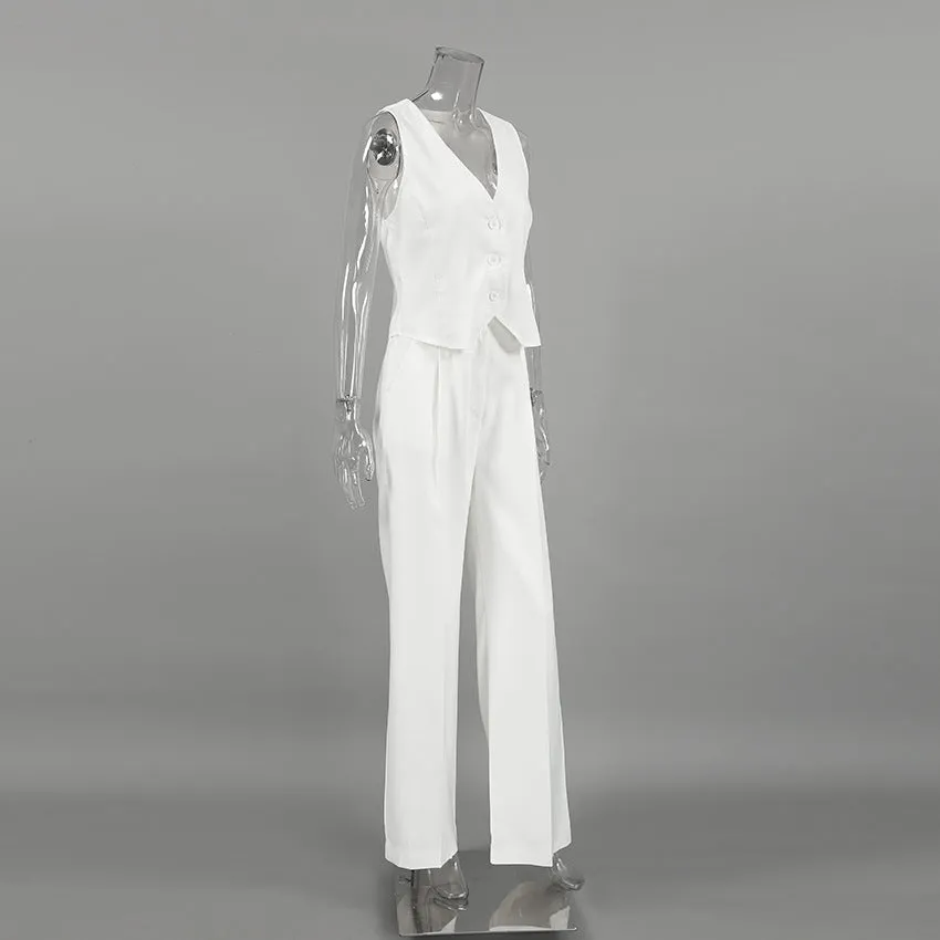 Pre Order:  High-End White V-Neck Vest   Trousers Set