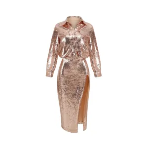 Pre Order:  Sequin Long Sleeved Top   Hip Wrapped Skirt Set