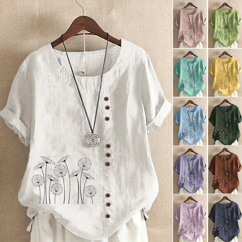 Pullover Print Cotton Linen T-Shirt