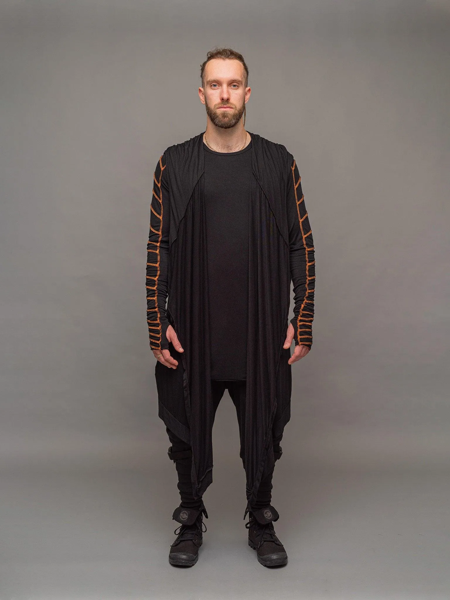 Raider - Dystopian Longline T-Shirt with Thumbholes - Black/Orange