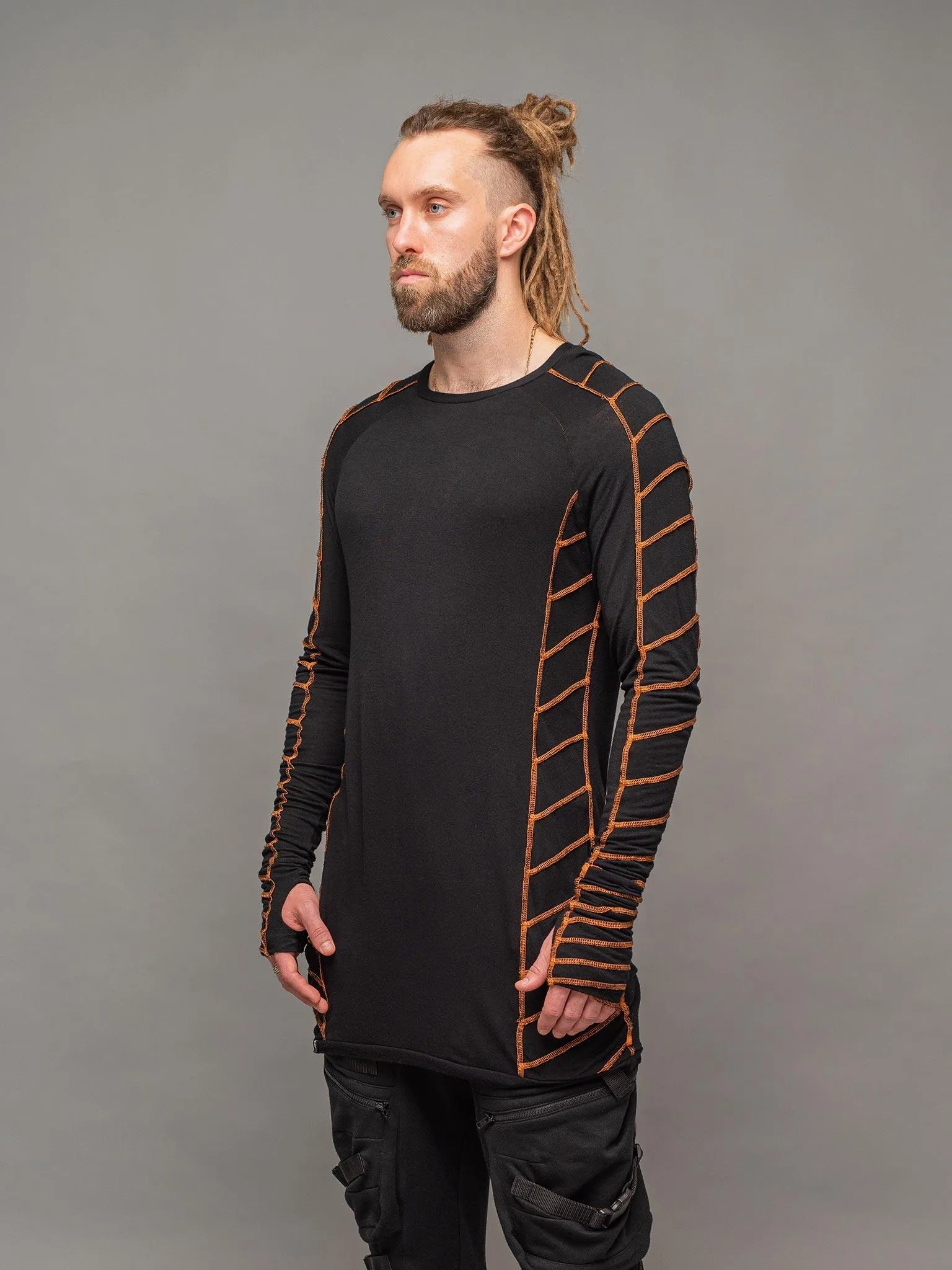 Raider - Dystopian Longline T-Shirt with Thumbholes - Black/Orange