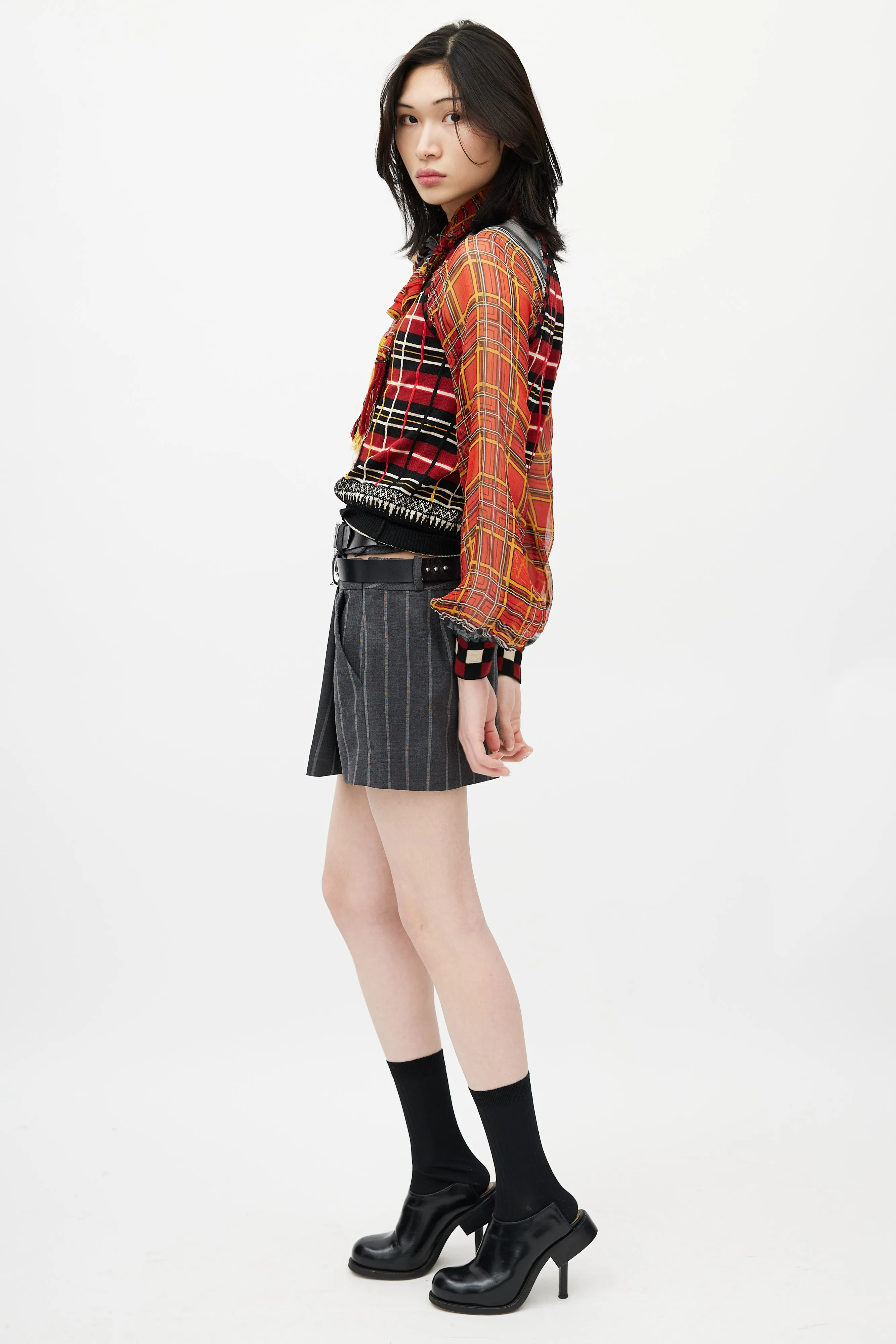 Red & Multicolour Plaid Knit Scarf Top