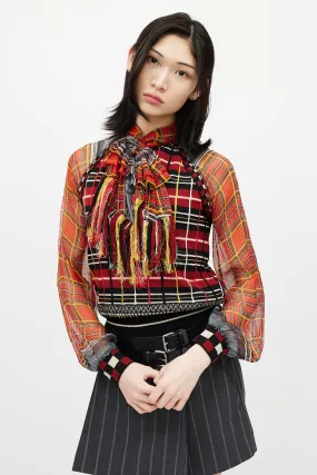 Red & Multicolour Plaid Knit Scarf Top