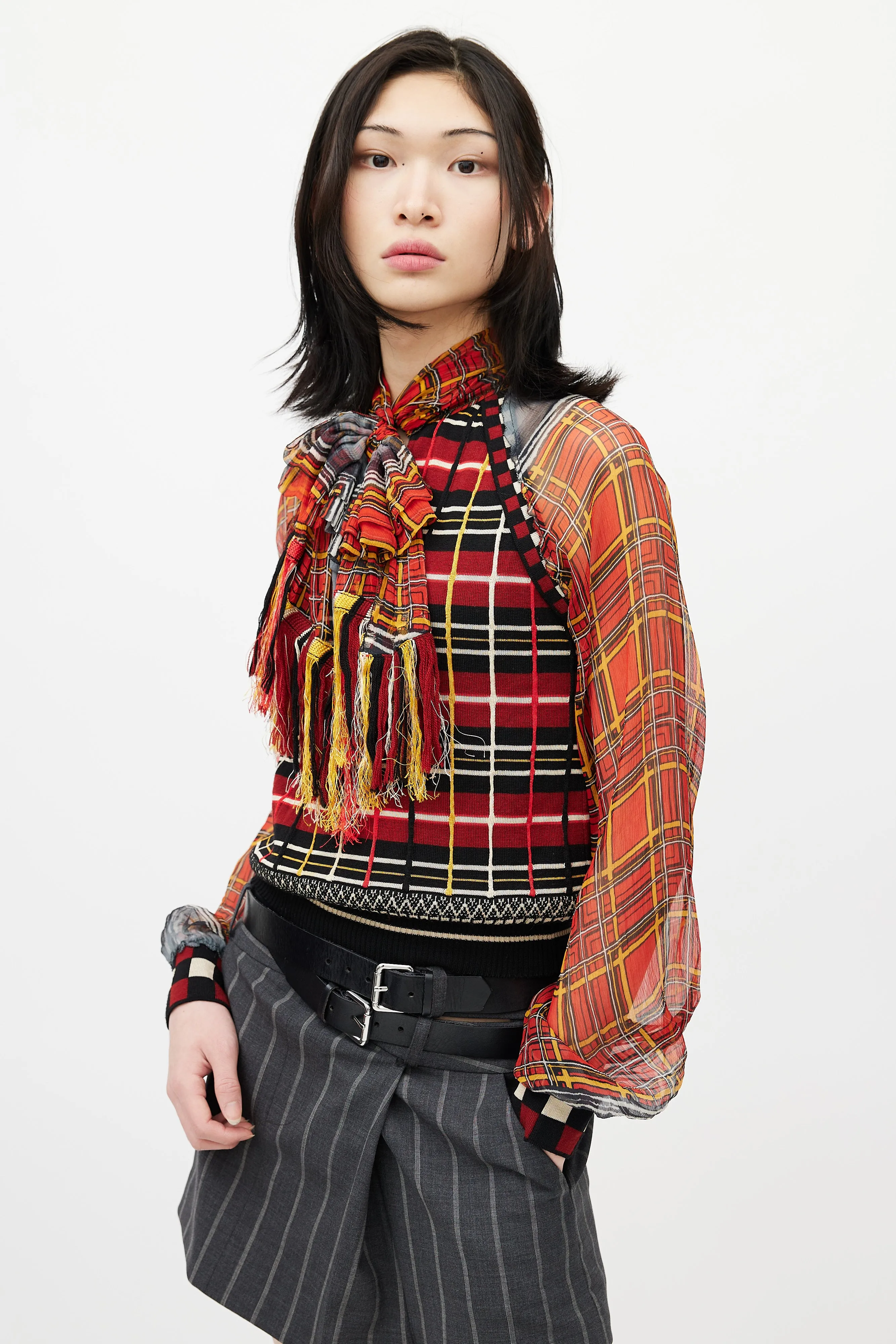 Red & Multicolour Plaid Knit Scarf Top