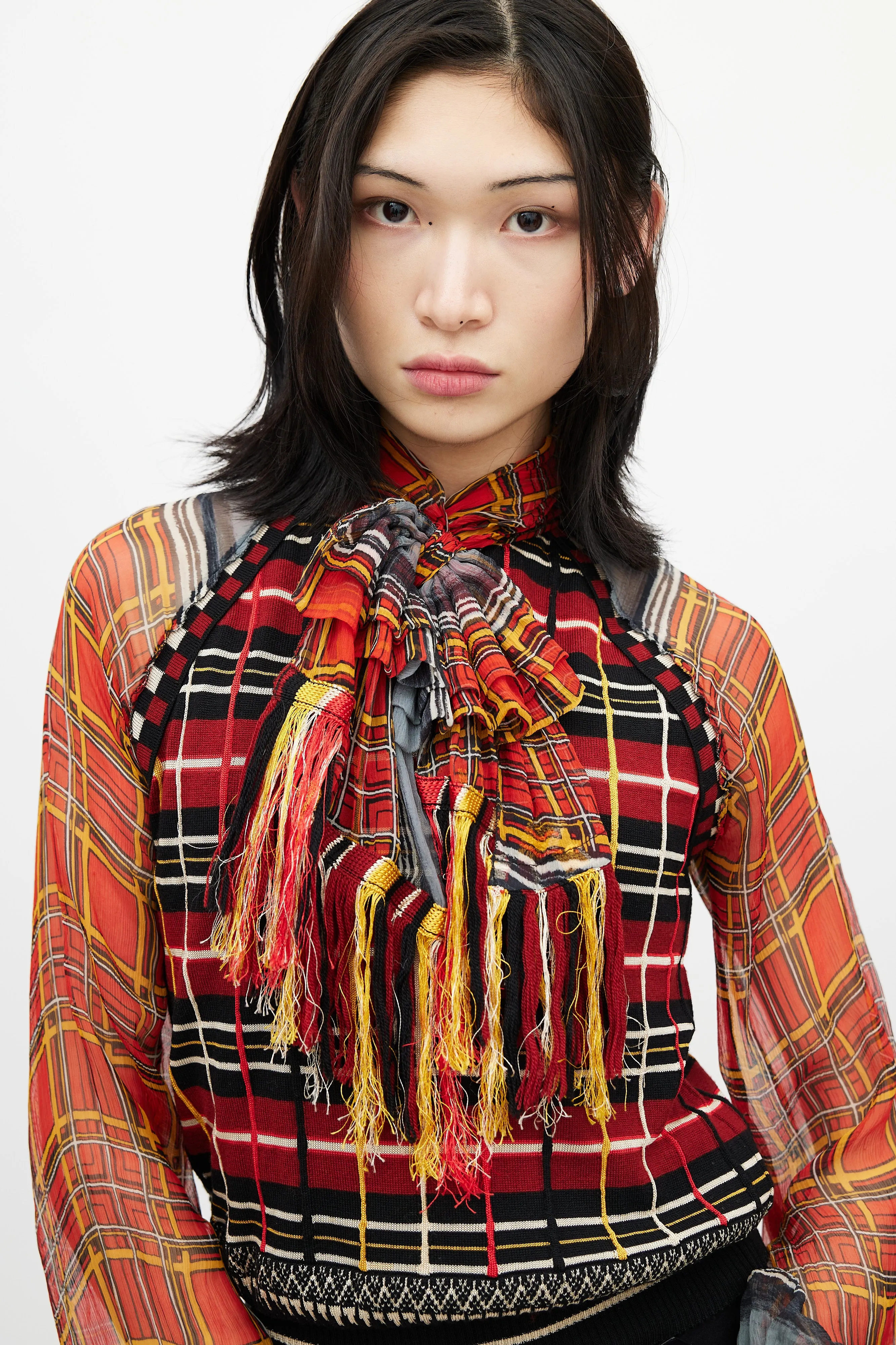 Red & Multicolour Plaid Knit Scarf Top