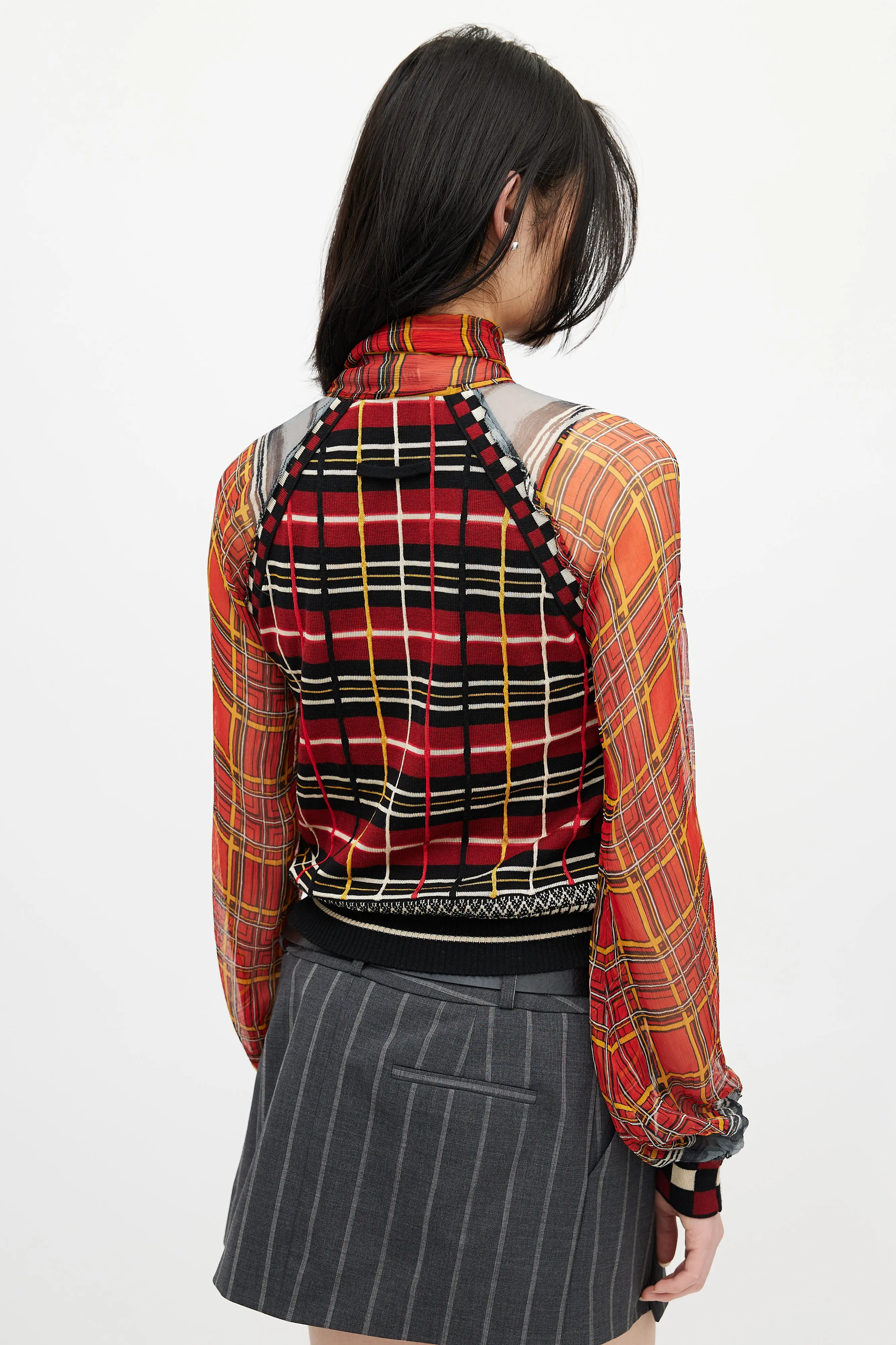 Red & Multicolour Plaid Knit Scarf Top