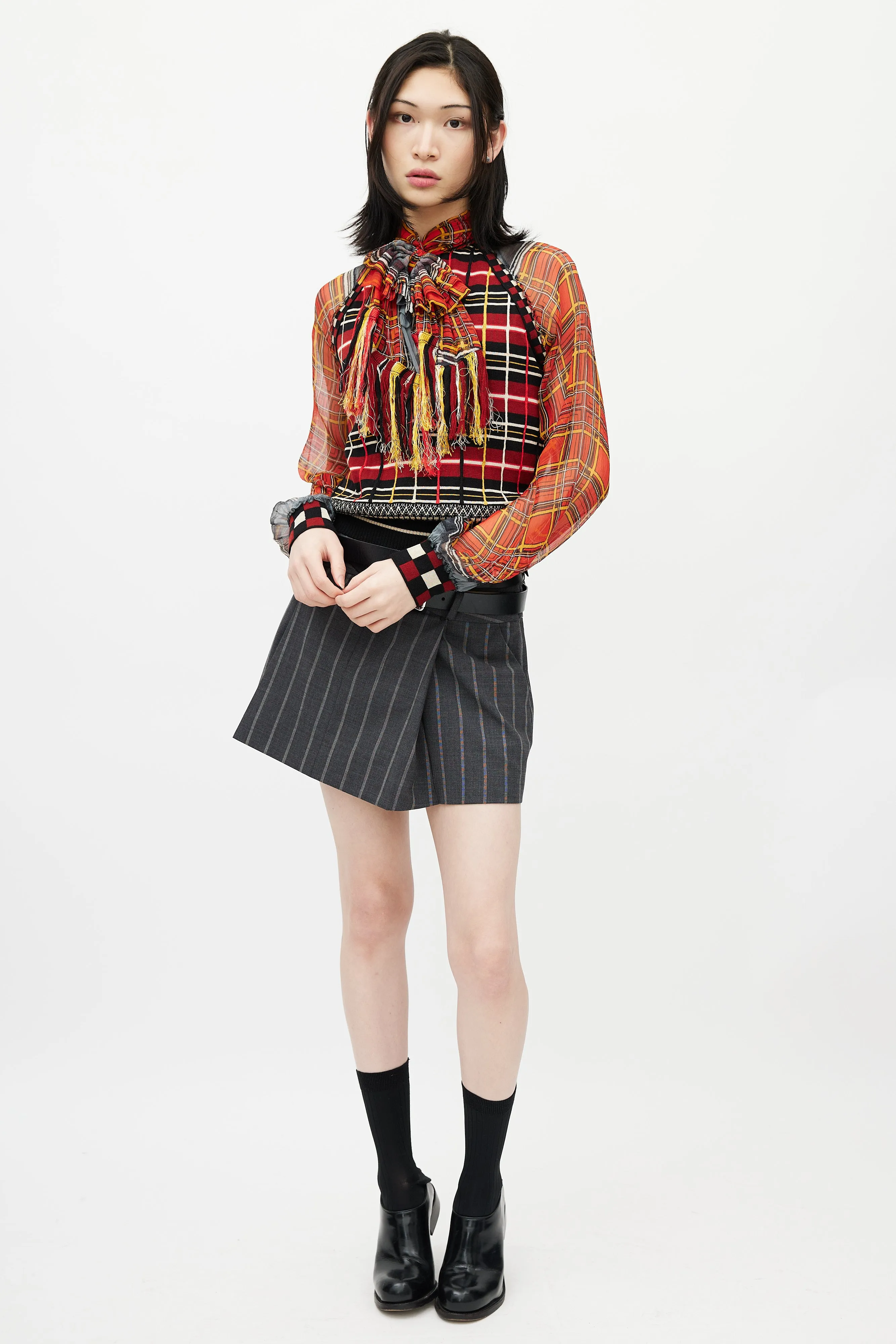 Red & Multicolour Plaid Knit Scarf Top