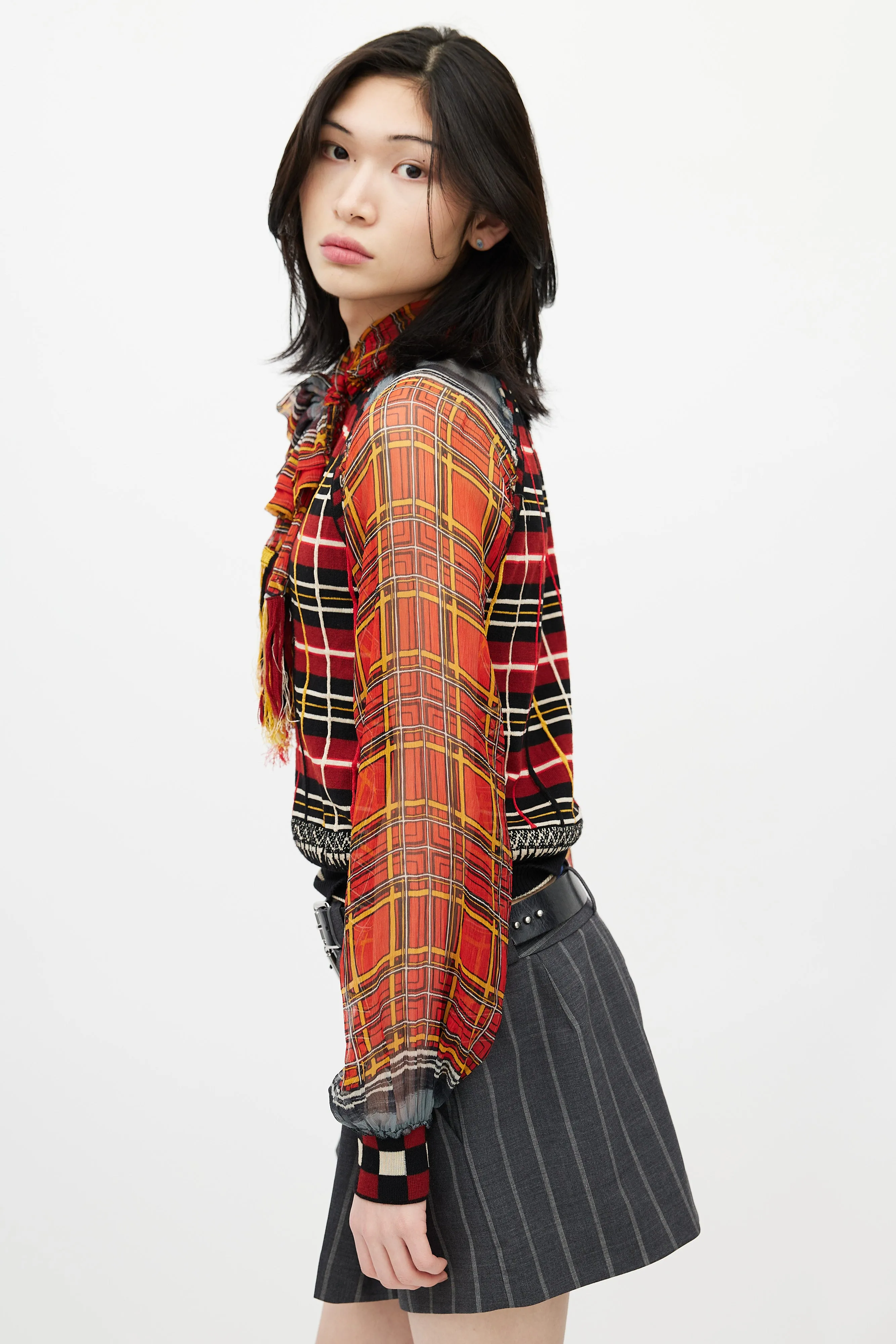 Red & Multicolour Plaid Knit Scarf Top