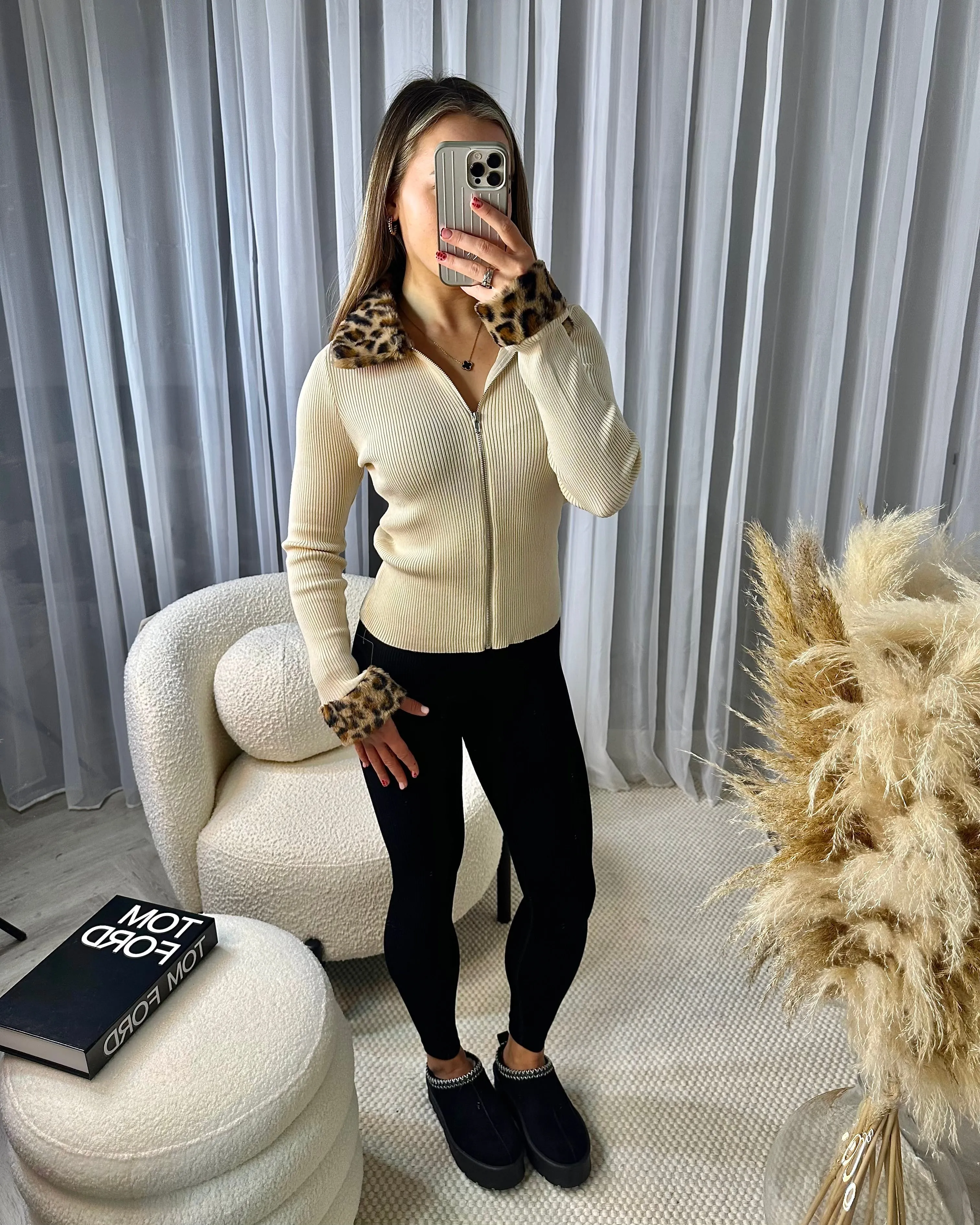 Renee Faux Fur Leopard Detail Collared Zip Detail Top - Beige
