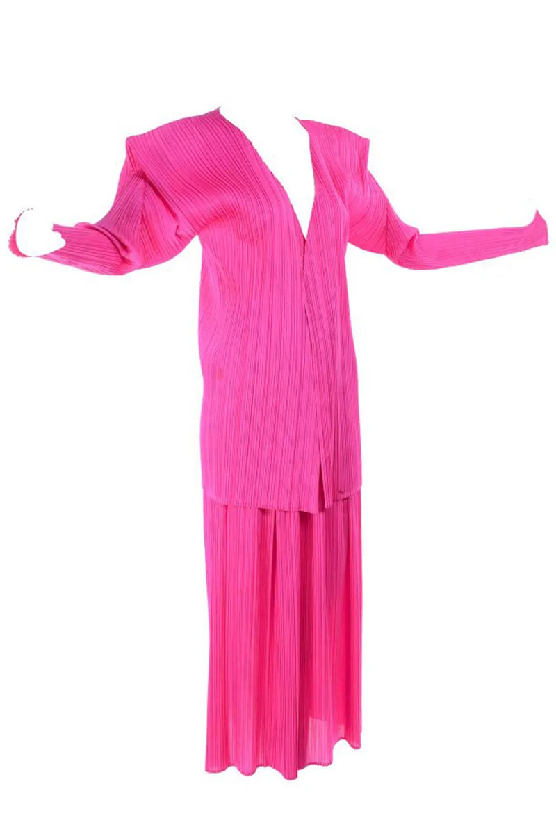 RESERVED // Issey Miyake Hot Pink Pleated Skirt & Long Sleeve Open Front Cardigan Top