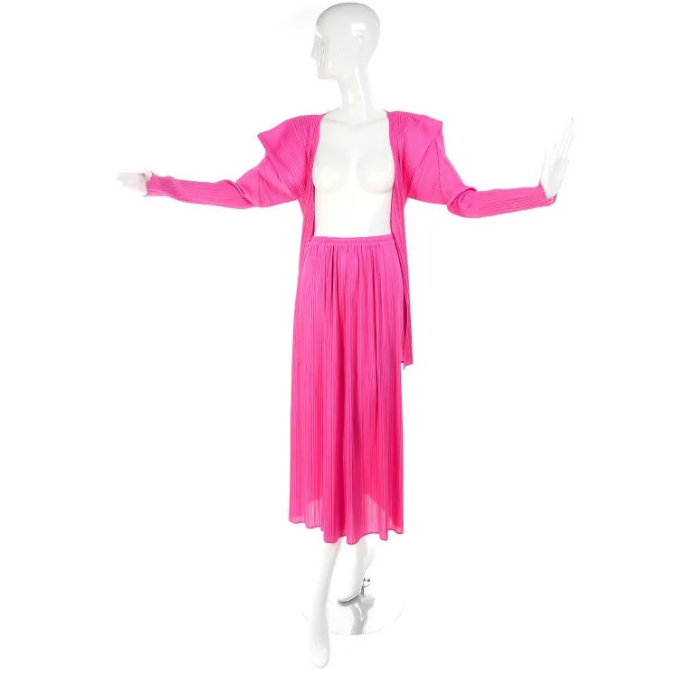 RESERVED // Issey Miyake Hot Pink Pleated Skirt & Long Sleeve Open Front Cardigan Top