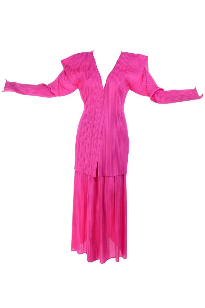 RESERVED // Issey Miyake Hot Pink Pleated Skirt & Long Sleeve Open Front Cardigan Top