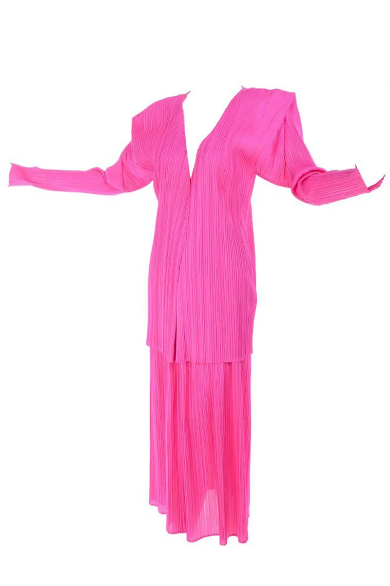 RESERVED // Issey Miyake Hot Pink Pleated Skirt & Long Sleeve Open Front Cardigan Top