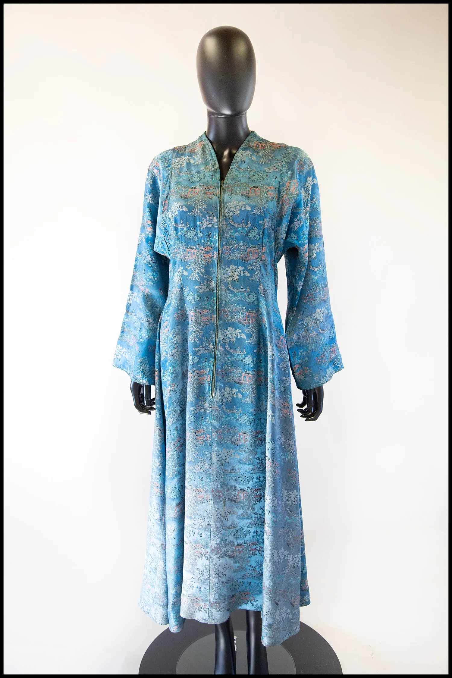 RESERVED Vintage 1940s Blue Chinese Satin Robe Maxi Dress