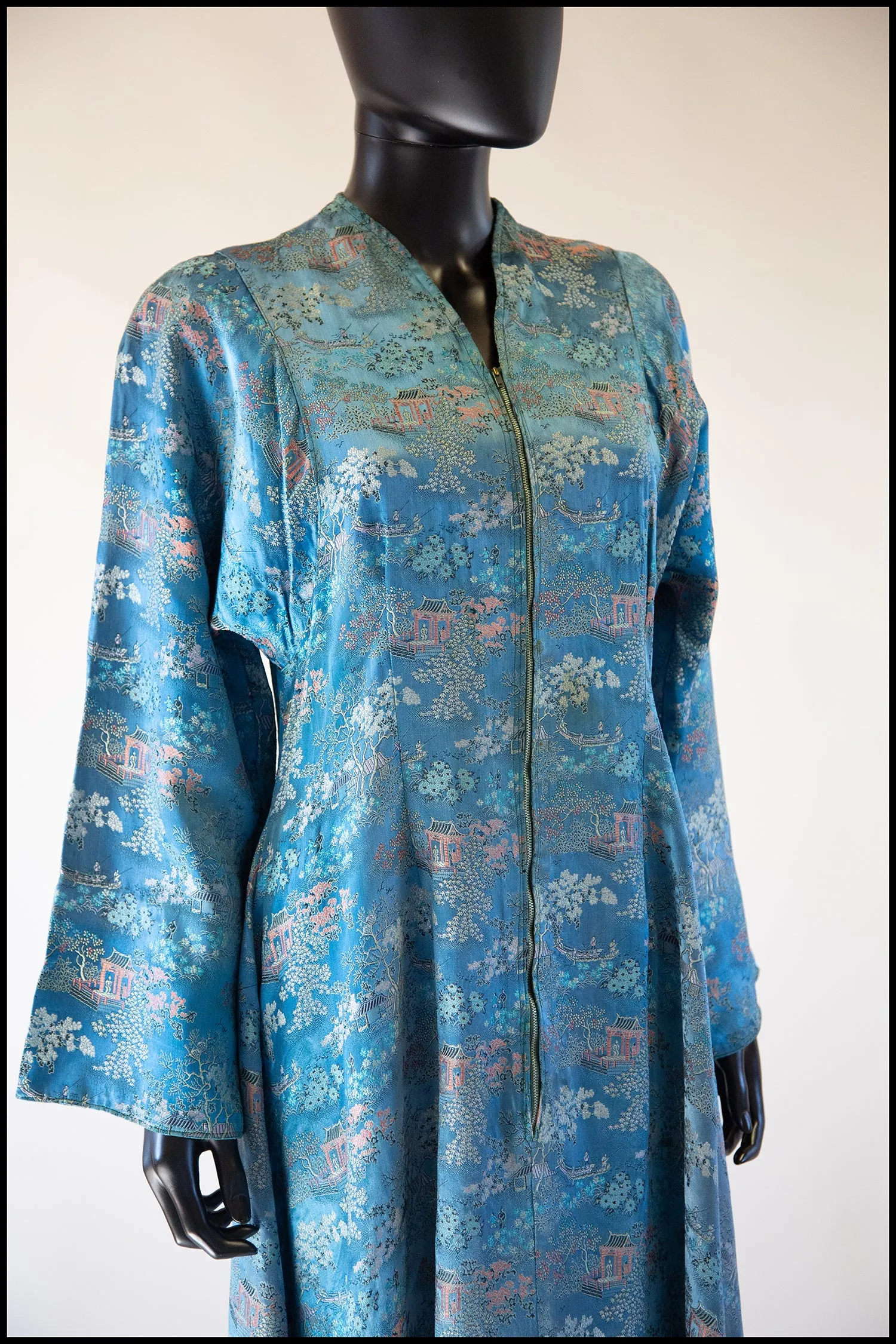 RESERVED Vintage 1940s Blue Chinese Satin Robe Maxi Dress