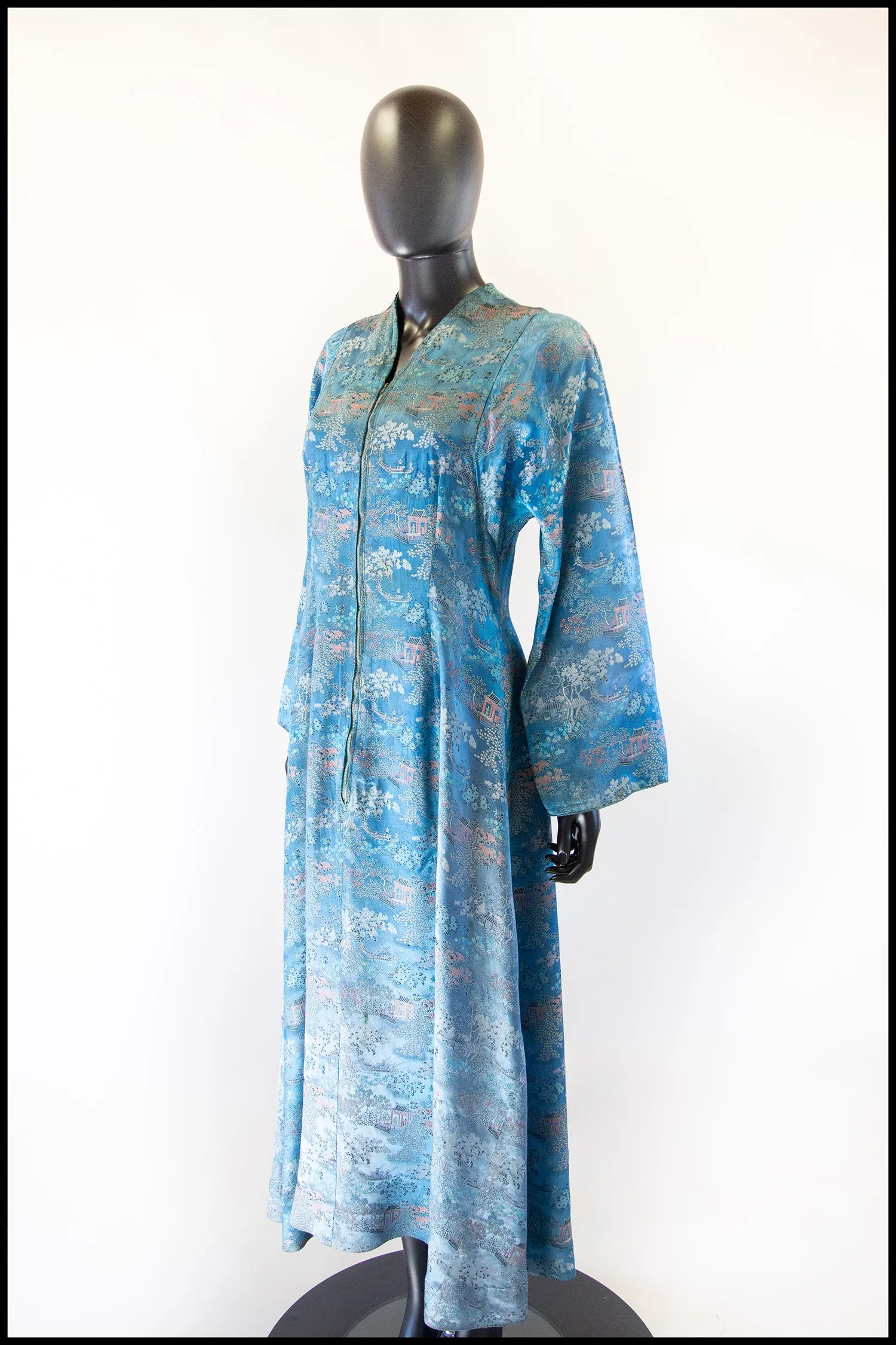 RESERVED Vintage 1940s Blue Chinese Satin Robe Maxi Dress