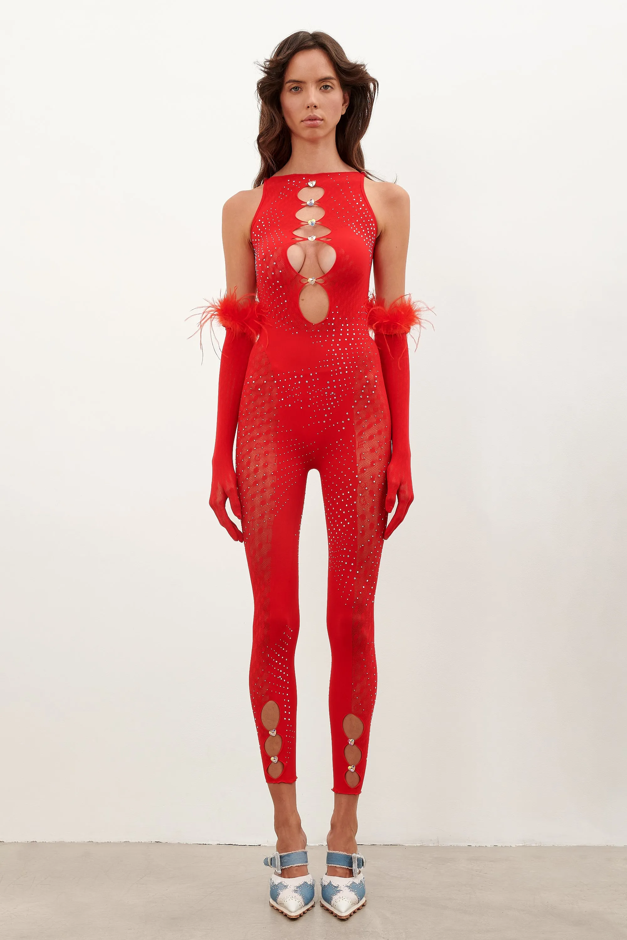 Rhinestoned Janice Jumpsuit X Gloves Heartbreaker