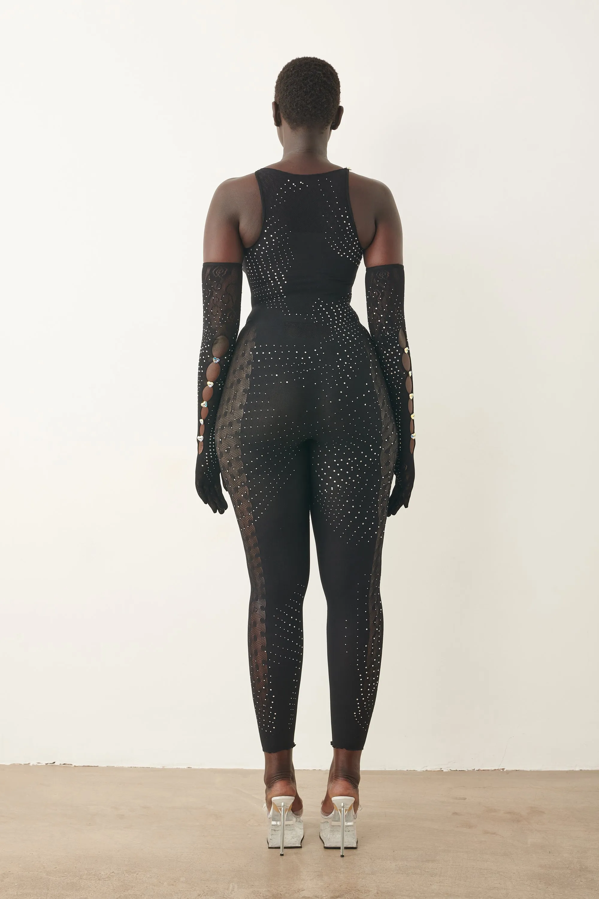 Rhinestoned Janice Jumpsuit X Gloves Set Jet Black