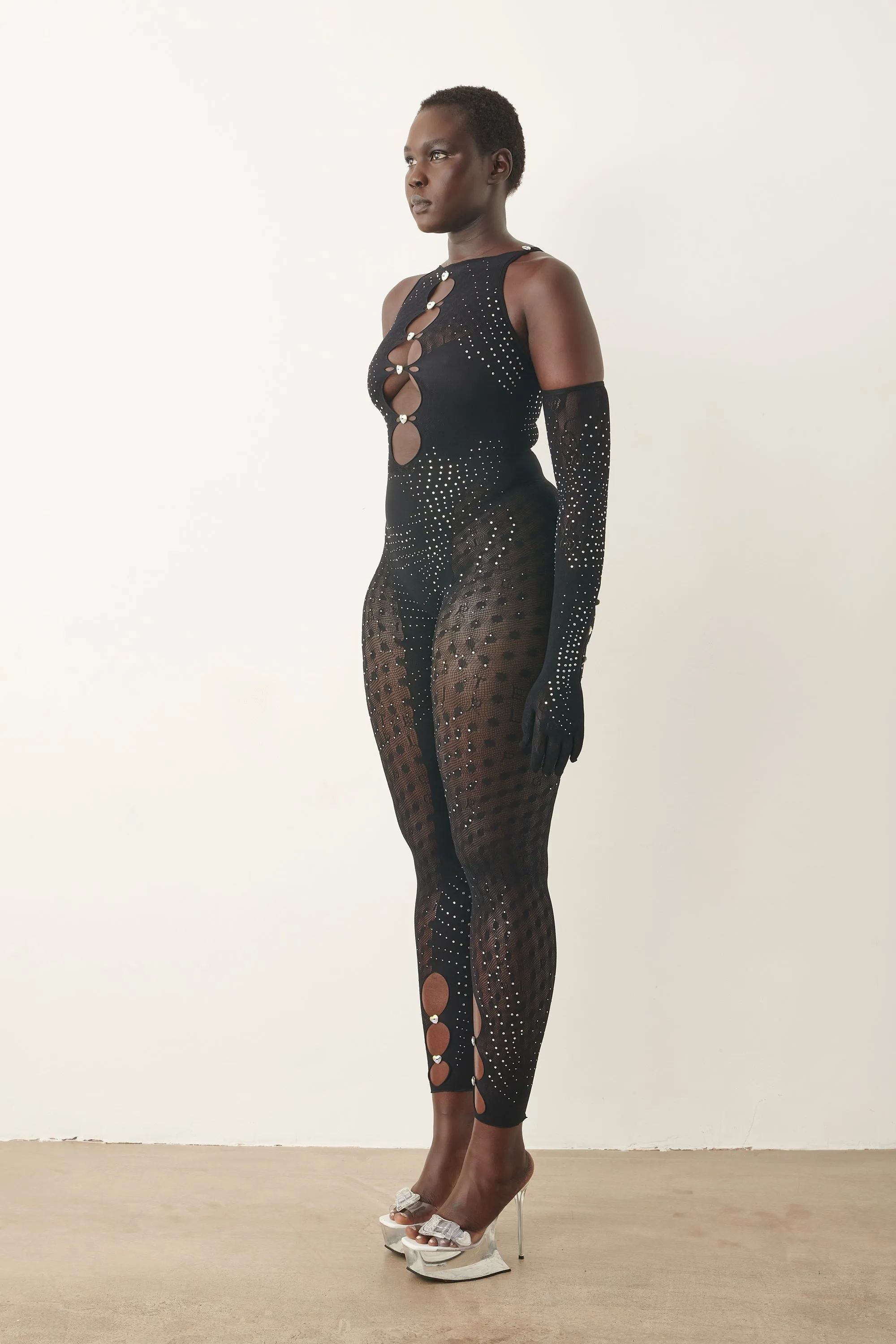 Rhinestoned Janice Jumpsuit X Gloves Set Jet Black