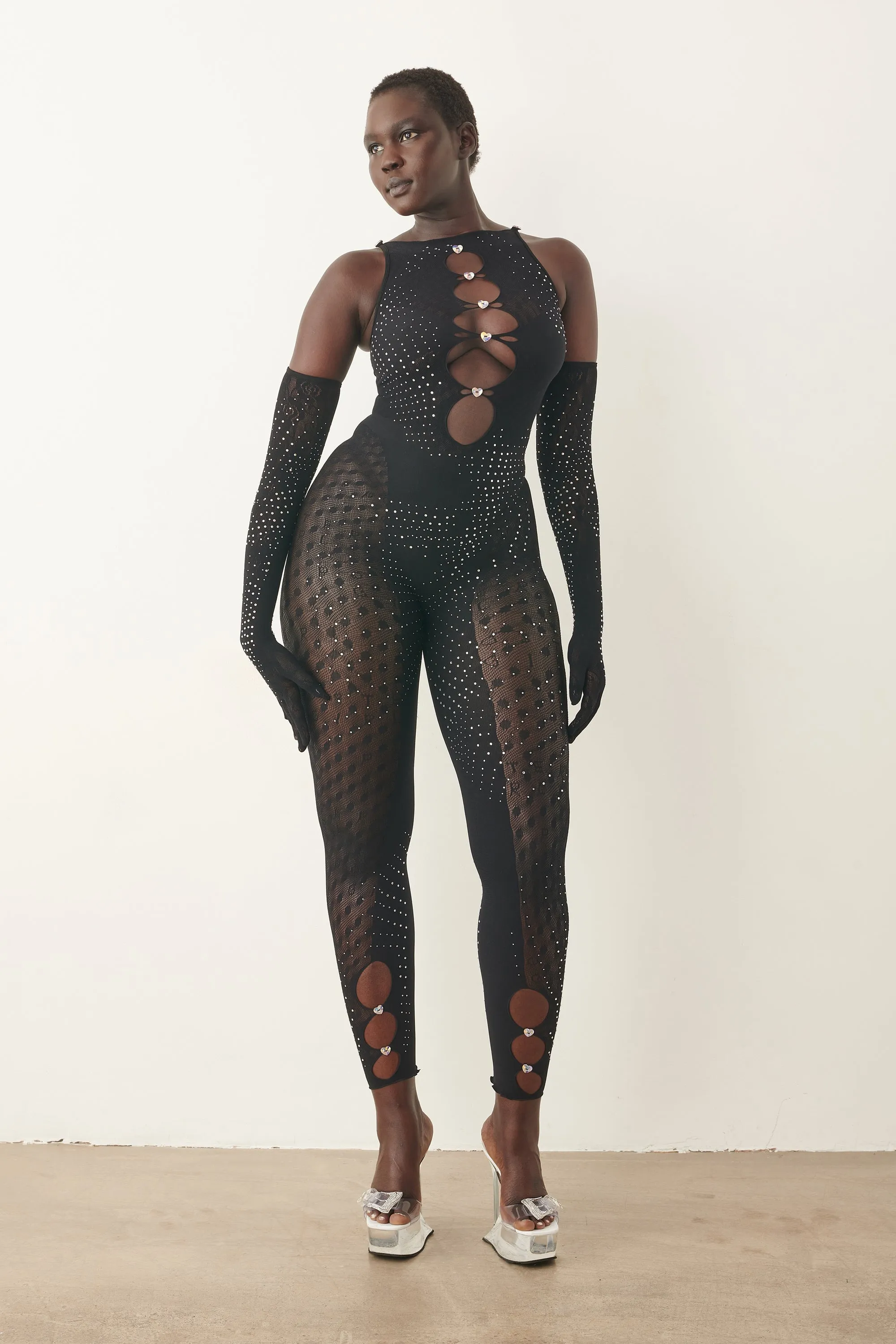 Rhinestoned Janice Jumpsuit X Gloves Set Jet Black