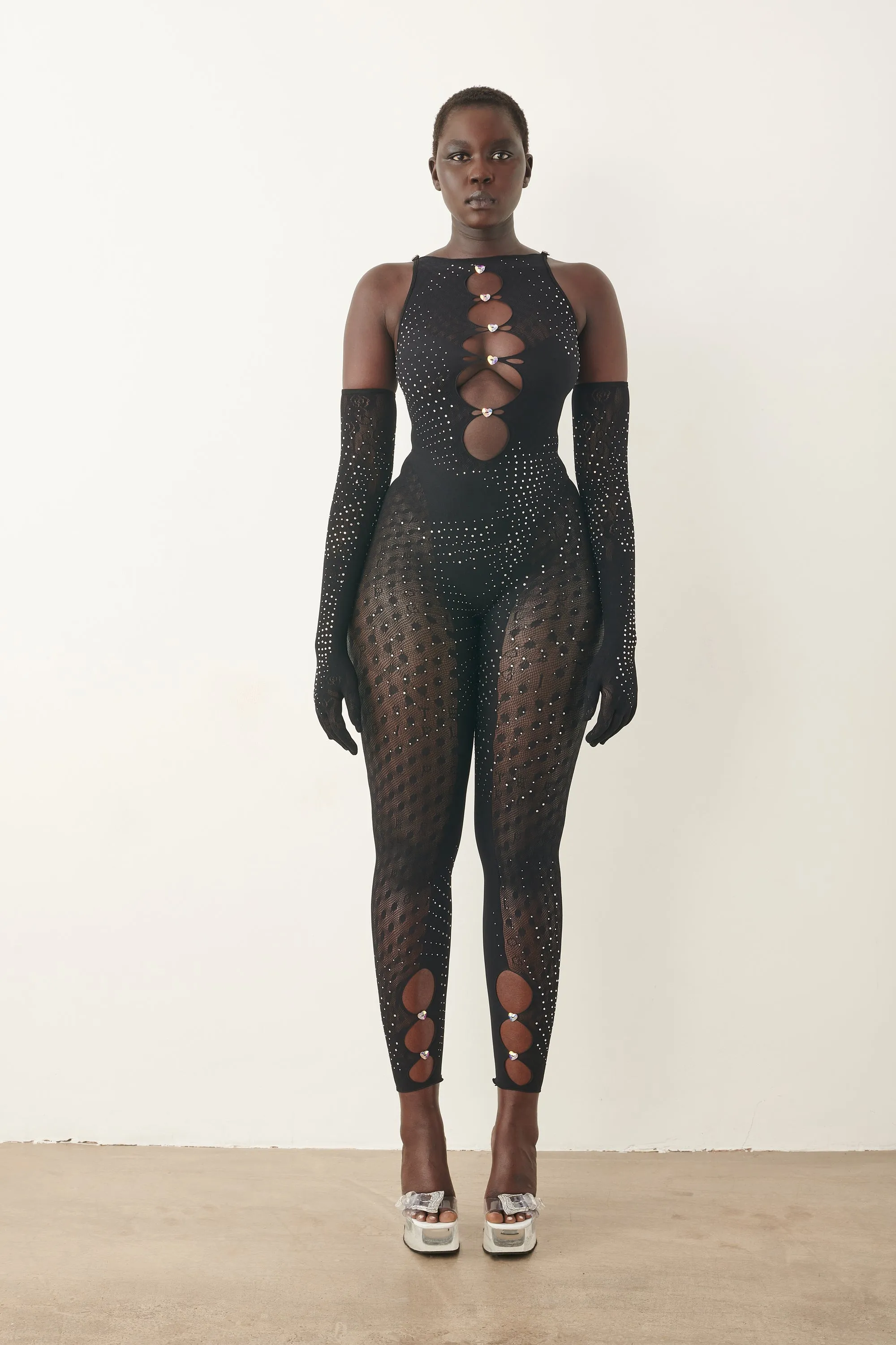 Rhinestoned Janice Jumpsuit X Gloves Set Jet Black