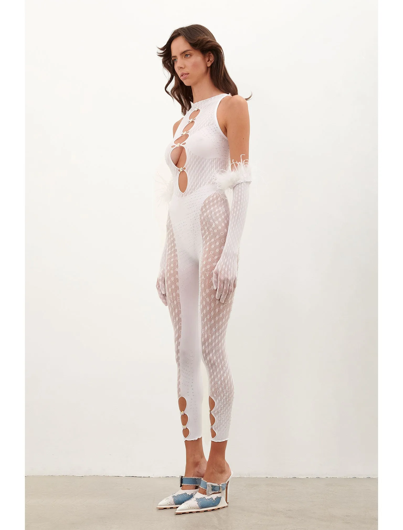 Rhinestoned Janice Jumpsuit X Gloves Set Optic White