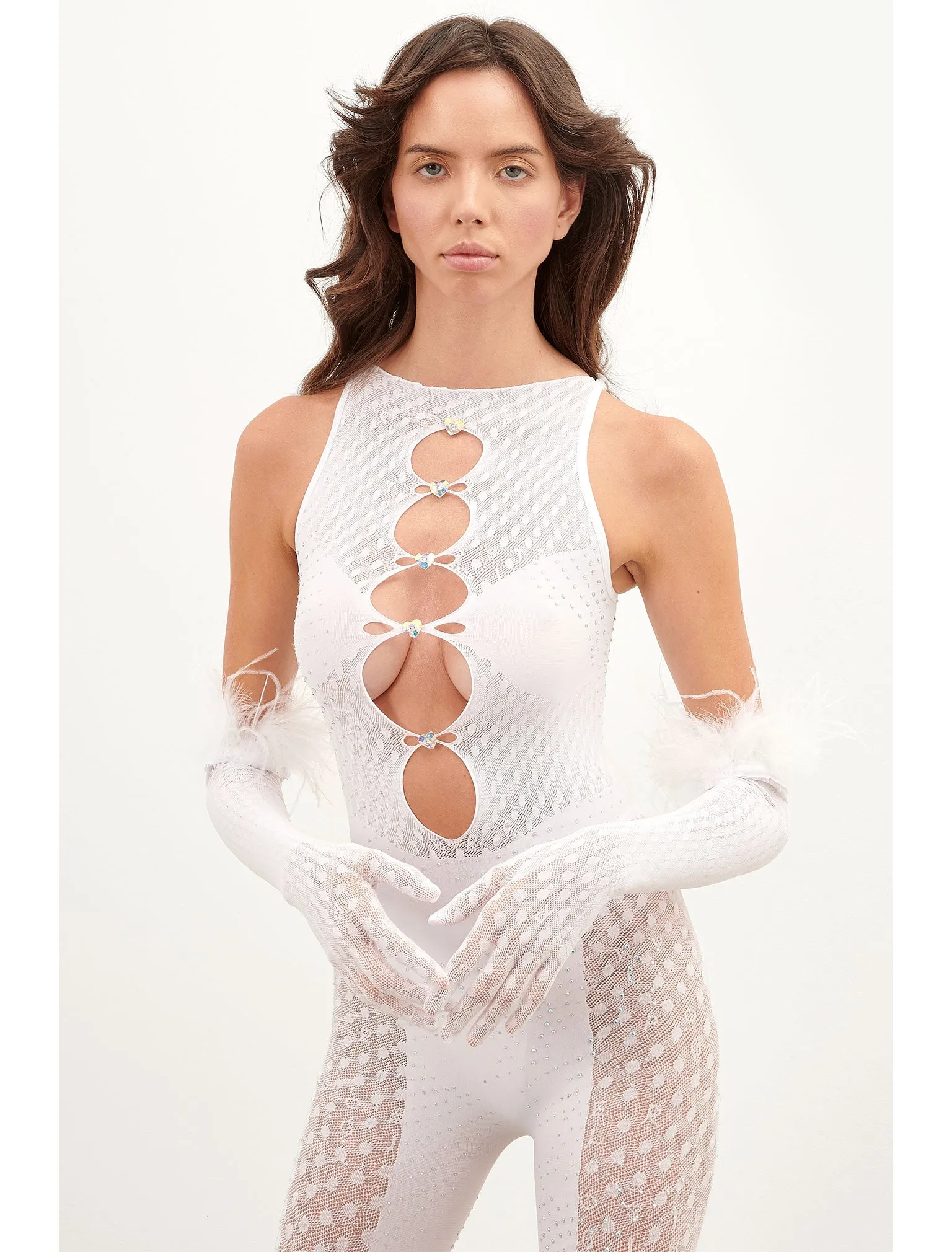Rhinestoned Janice Jumpsuit X Gloves Set Optic White