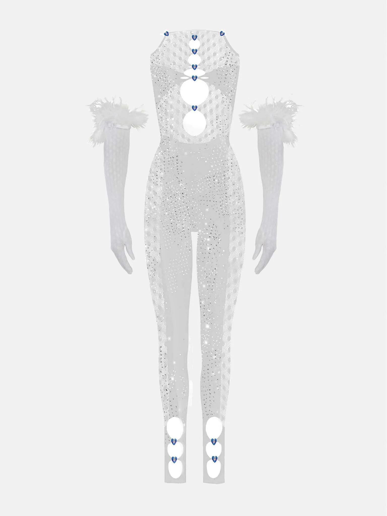 Rhinestoned Janice Jumpsuit X Gloves Set Optic White