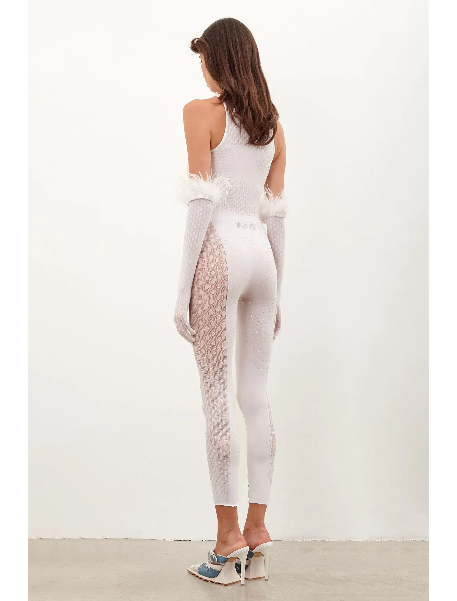 Rhinestoned Janice Jumpsuit X Gloves Set Optic White