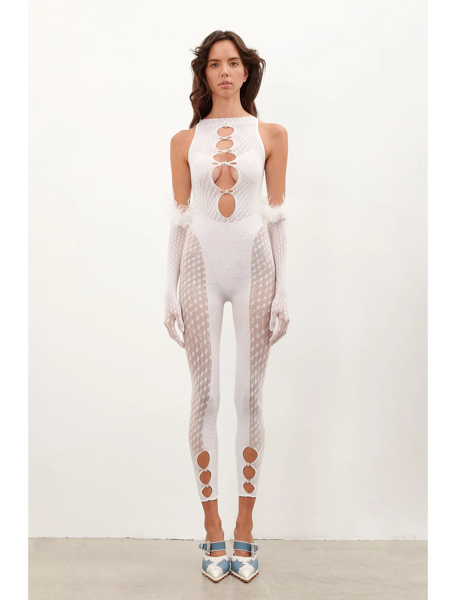 Rhinestoned Janice Jumpsuit X Gloves Set Optic White