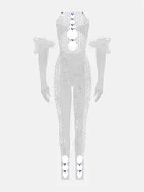Rhinestoned Janice Jumpsuit X Gloves Set Optic White