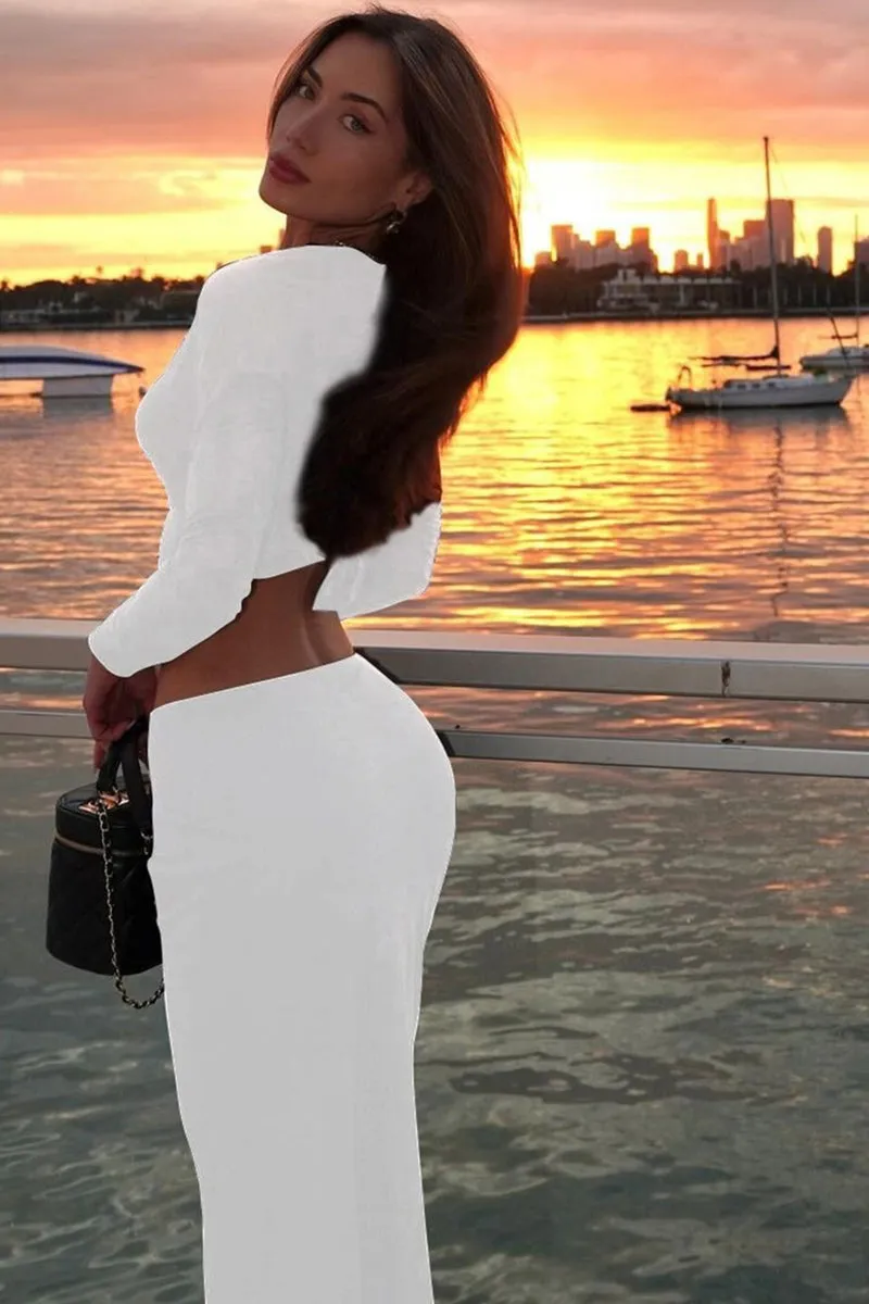 Ruched Cutout Long Sleeve Bodycon Maxi Skirt Set