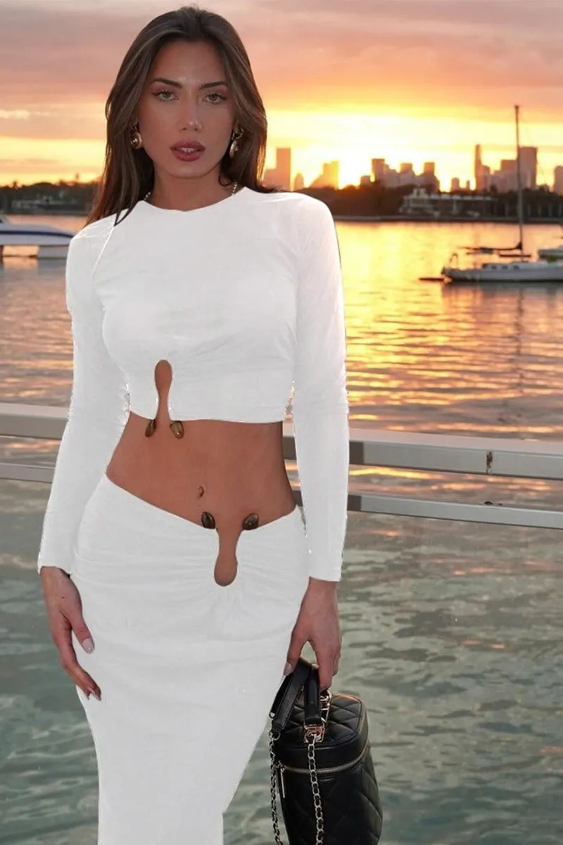 Ruched Cutout Long Sleeve Bodycon Maxi Skirt Set