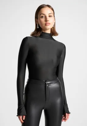 Ruffle Cuff Mock Neck Bodysuit - Black