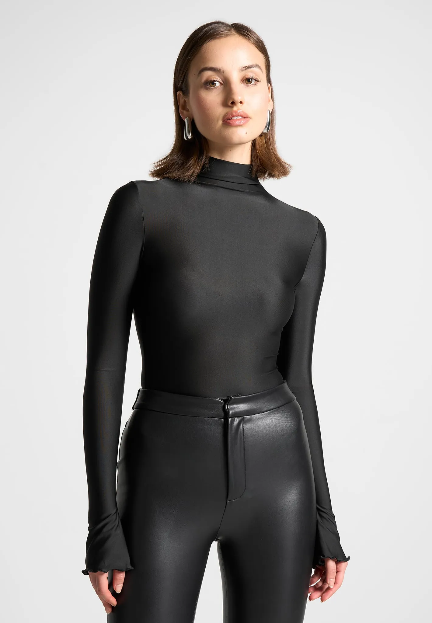 Ruffle Cuff Mock Neck Bodysuit - Black