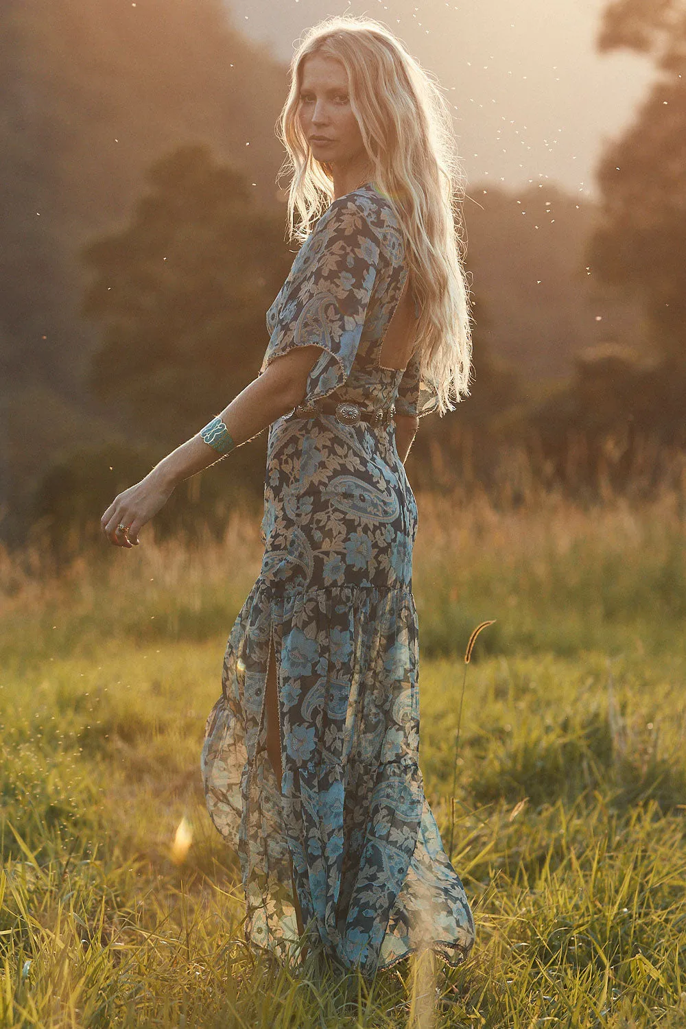Seize The Day Teal Paisley Silk Maxi Dress